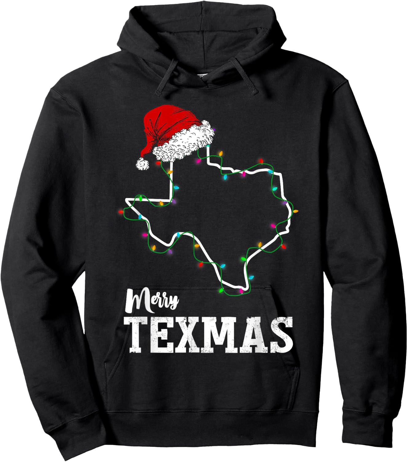 Merry Texmas Texas State Christmas Light Outline Santa Hat Hoodie - Hoodie | Black