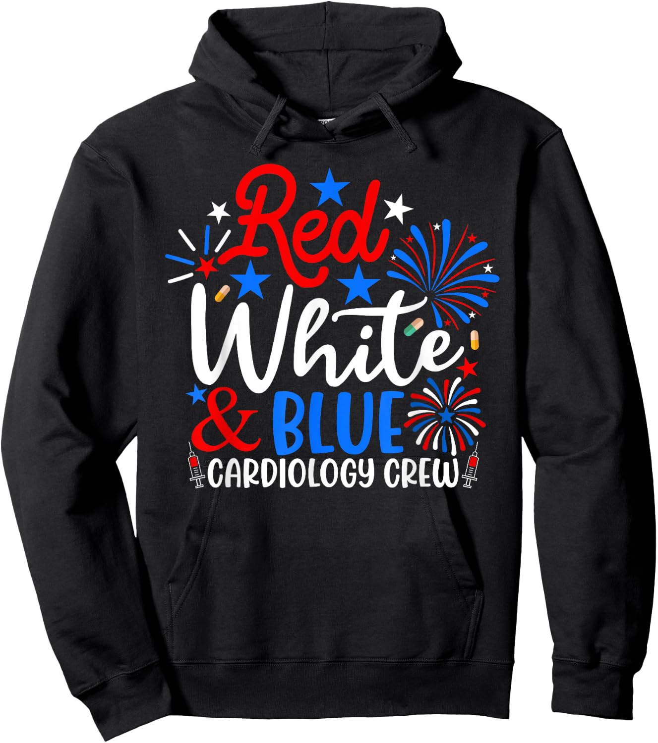 Red White And Blue Cardiology Crew Funny 4th Of July Nurse Hoodie - Hoodie | Black