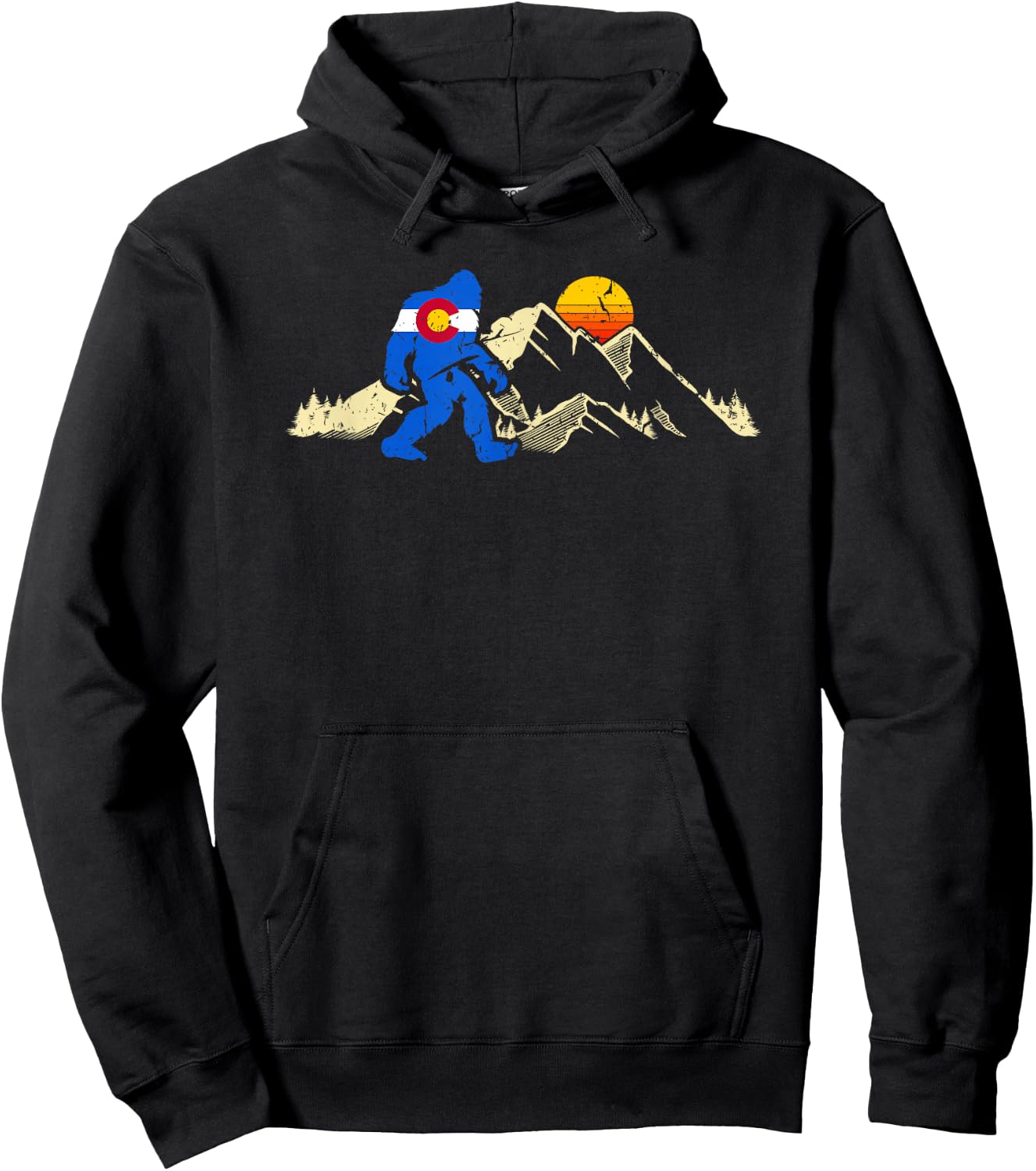 Retro Bigfoot Sun & Mountain State Flag of Colorado Hoodie - Hoodie | Black