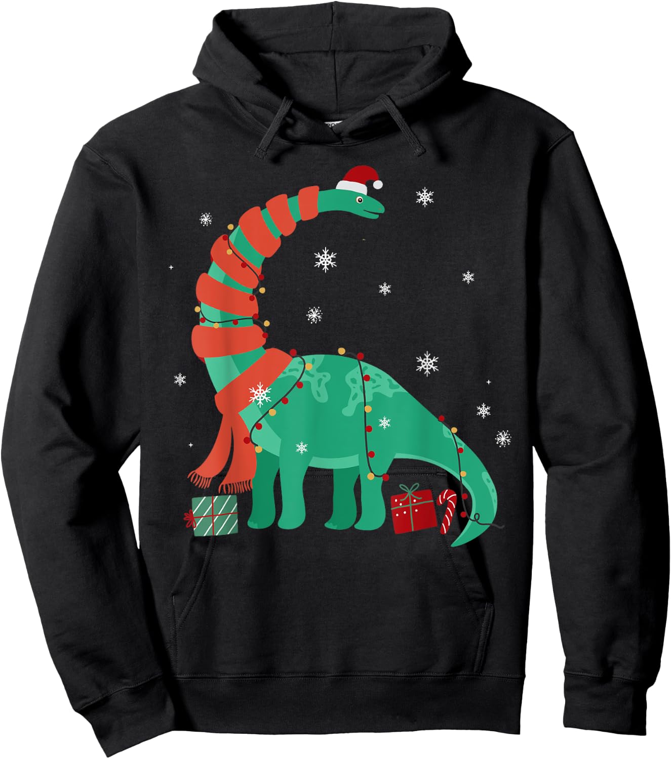 Funny Christmas Dinosaur Santa Xmas Lights Brontosaurus Hoodie - Hoodie | Black