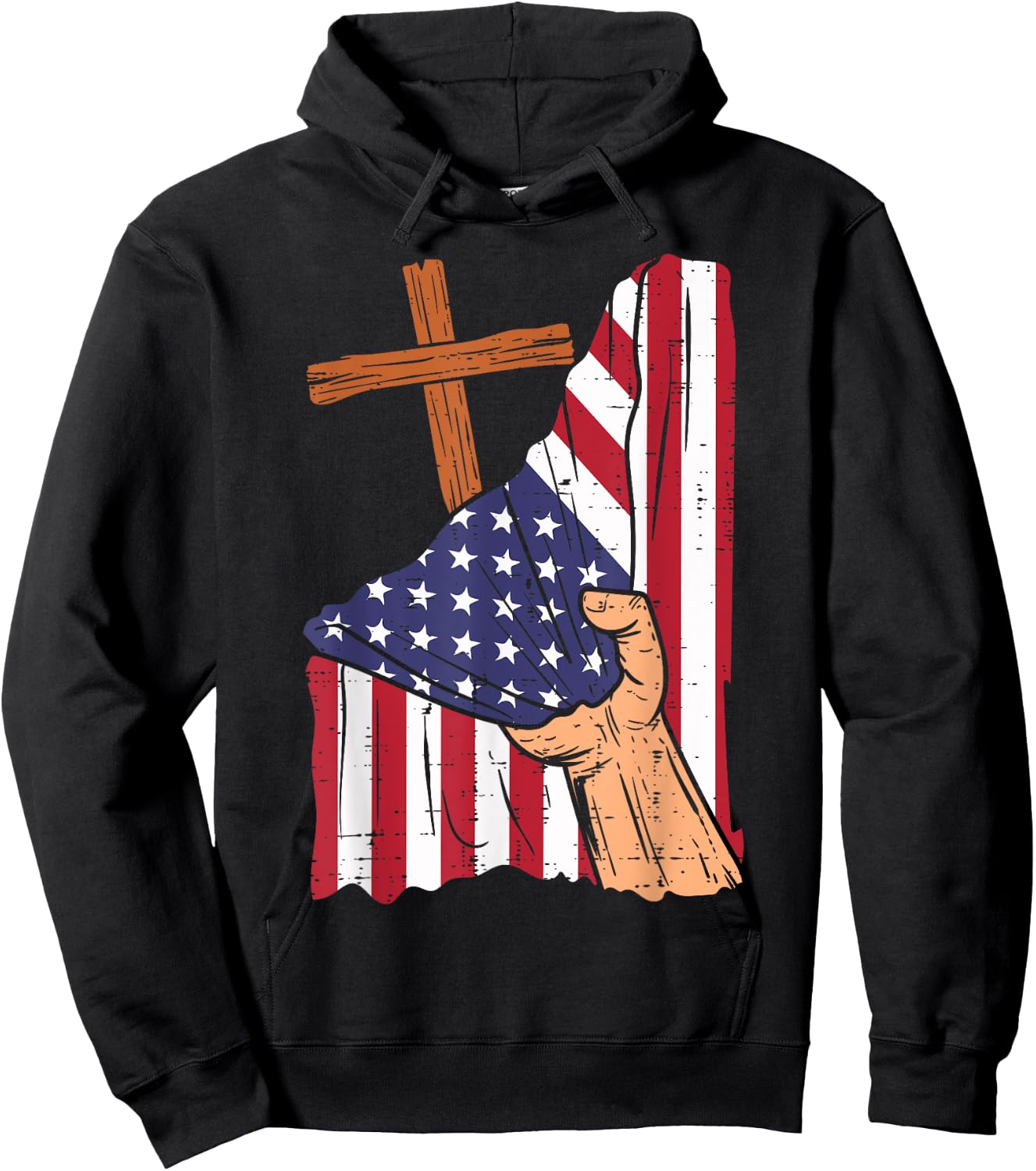 Cross Behind US Flag Religious God Jesus Patriotic Christian Hoodie - Hoodie | Black