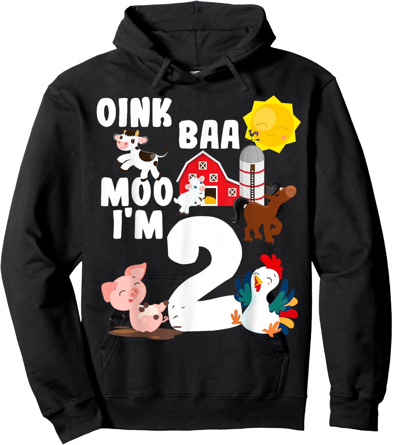 Oink Baa Moo I'm 2 Farm Animals Theme Birthday 2 Yrs Old Hoodie - Hoodie | Black