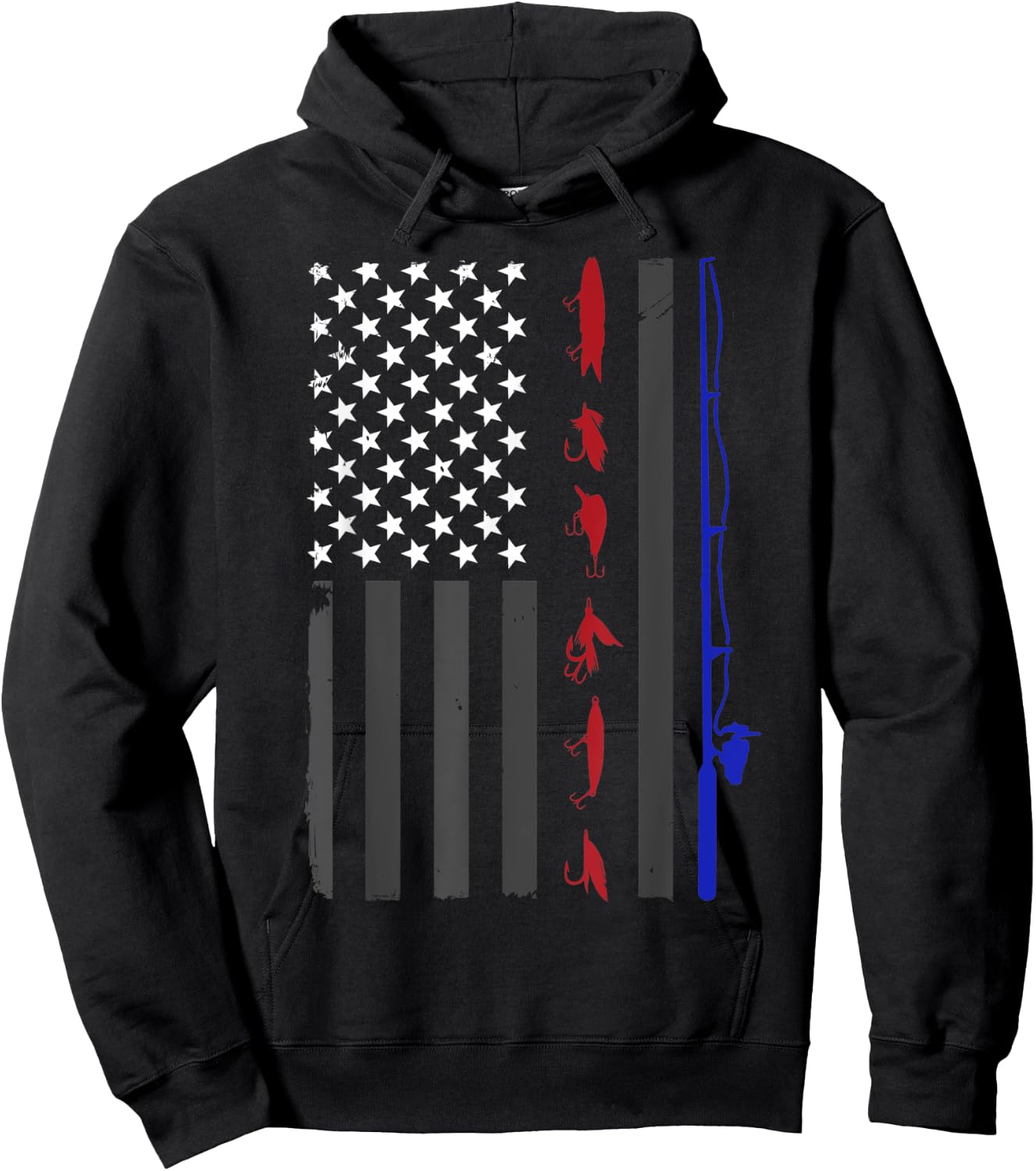 American Flag Fishing Vintage Fishing Pole and Lures Women Kids Men Hoodie - Hoodie | Black
