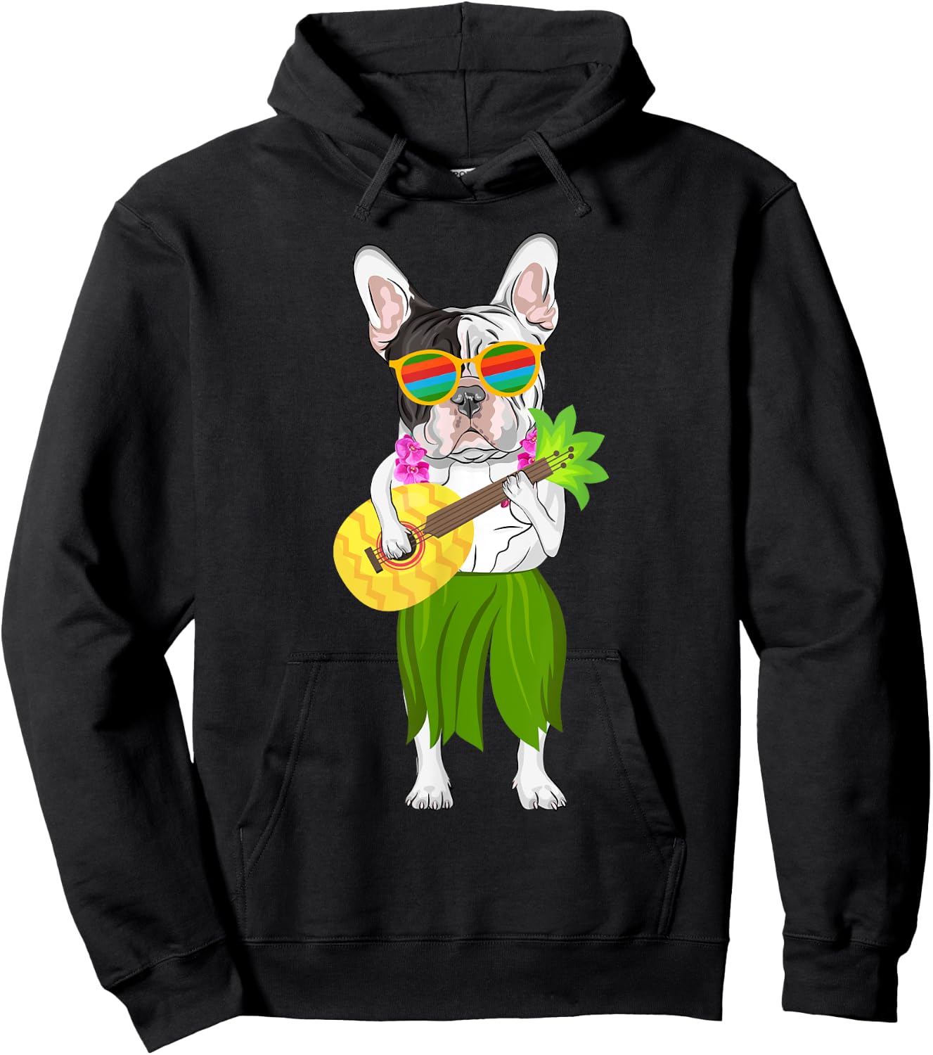 Hawaiian French Bulldog & Pineapple Ukulele Summer Vacation Hoodie - Hoodie | Black