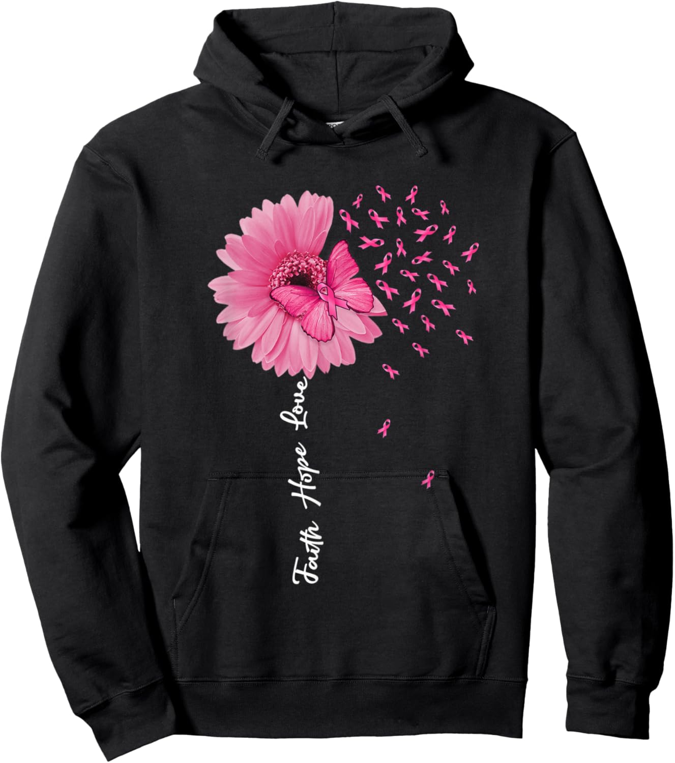 Faith Hope Love Pink Ribbon Daisy Flower Butterfly Hoodie - Hoodie | Black