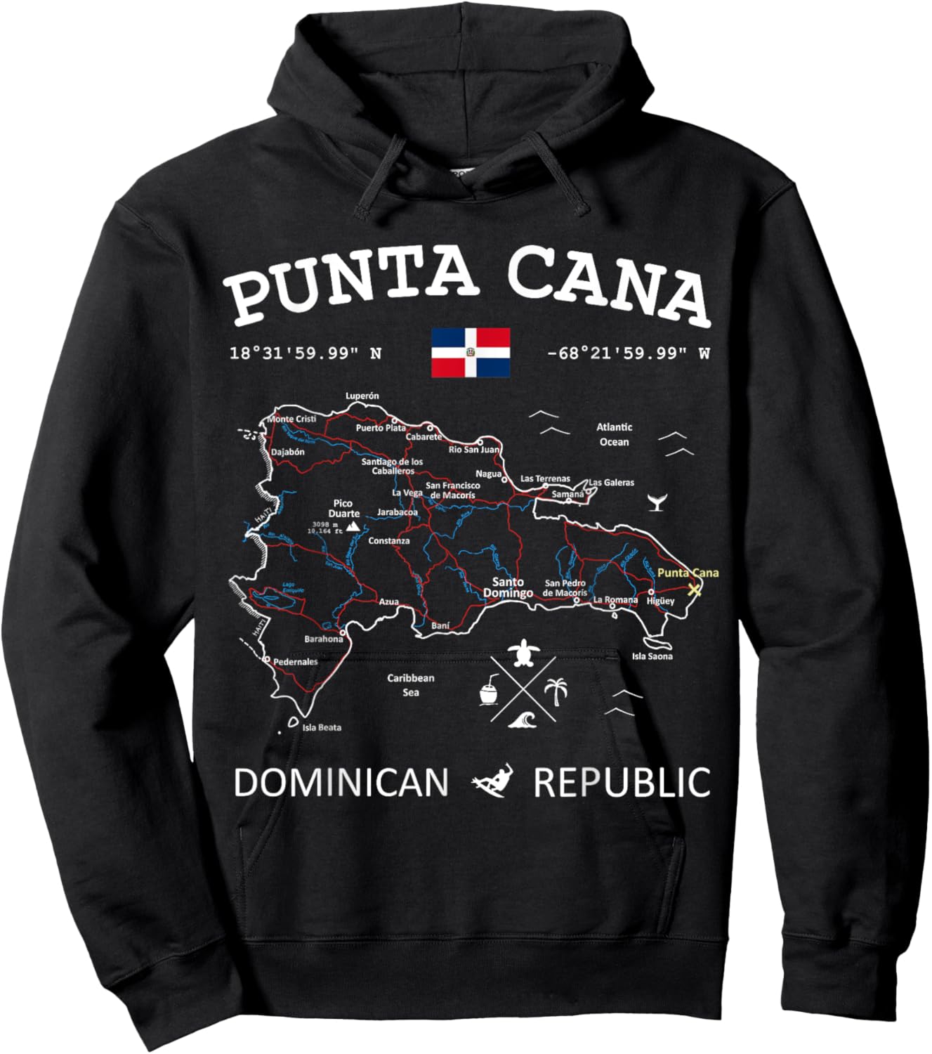 Punta Cana Dominican Republic Map Flag Travel Coordinates Hoodie - Hoodie | Black
