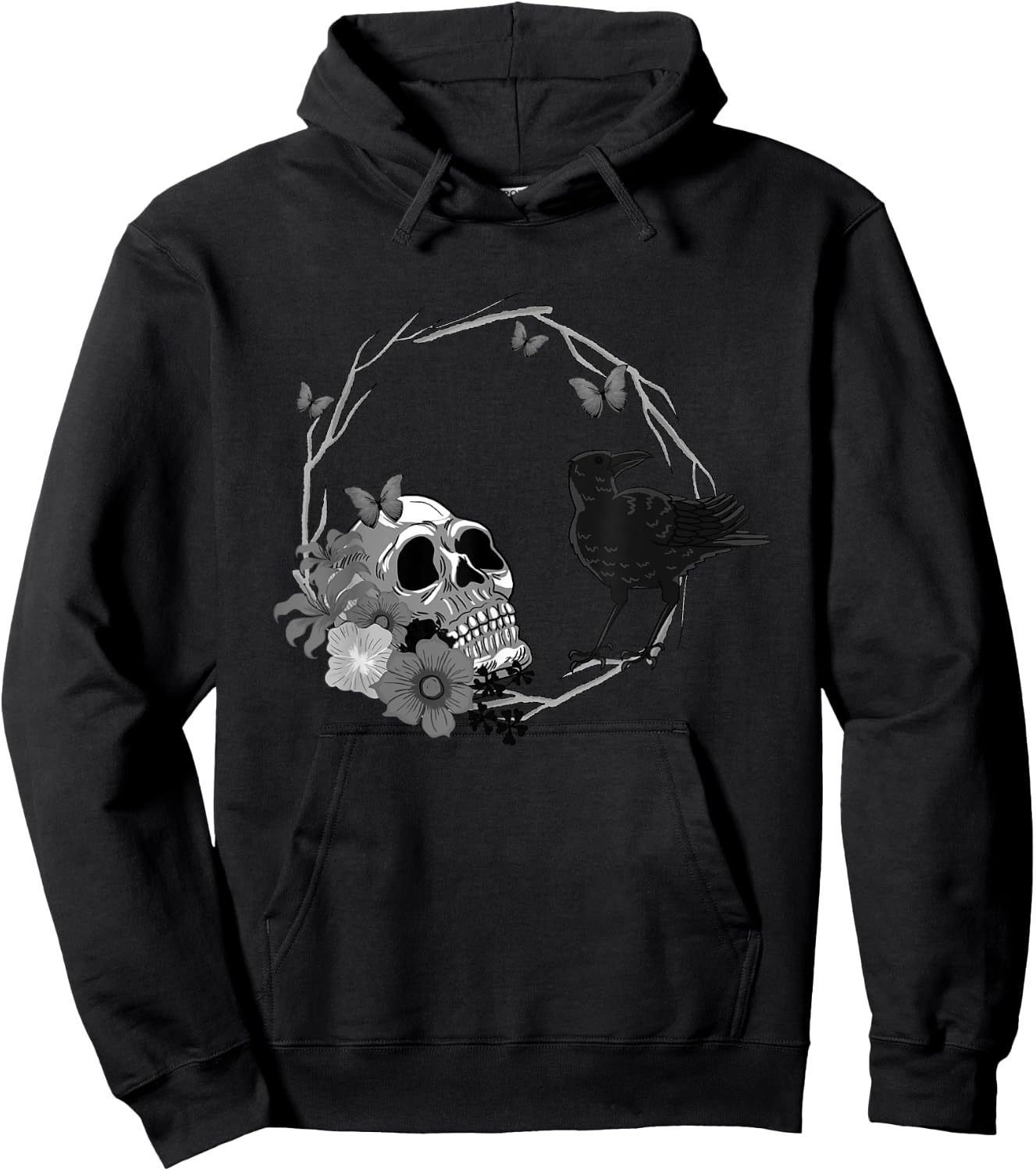 Floral Skull Death Crow Cool Scary Halloween Gothic Theme Hoodie - Hoodie | Black