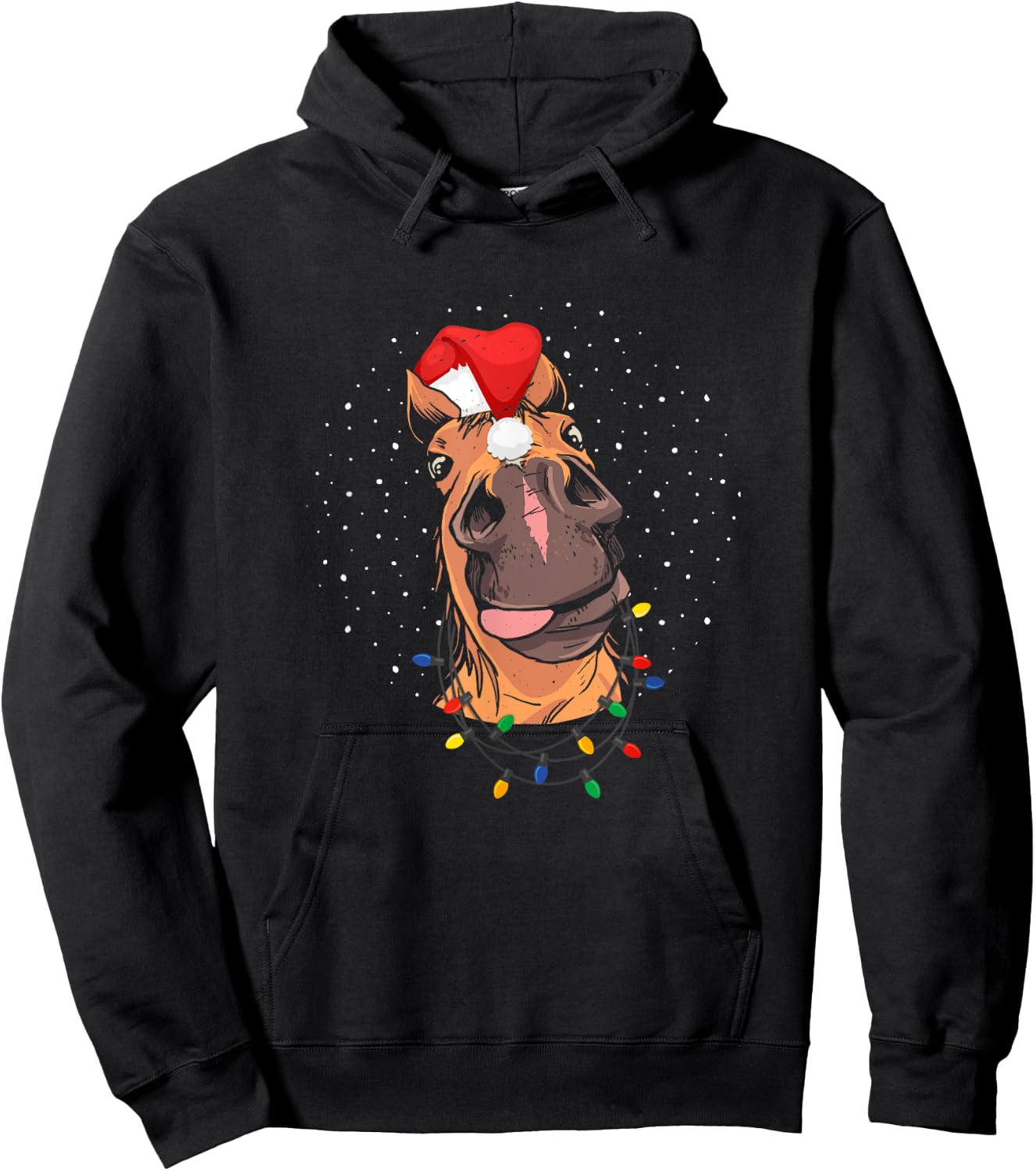 Horse Santa Hat Christmas Lights Riding Funny Hoodie - Hoodie | Black