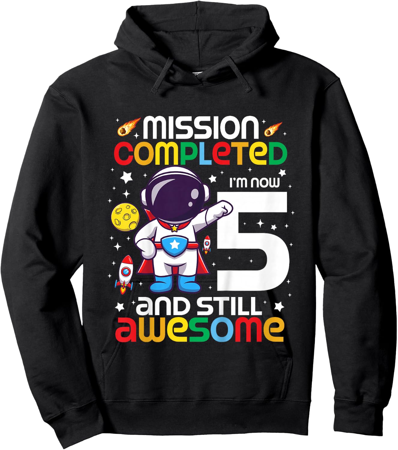 Kids 5 Year Old Boy Astronaut Space Birthday 5th Birthday Boys Hoodie - Hoodie | Black