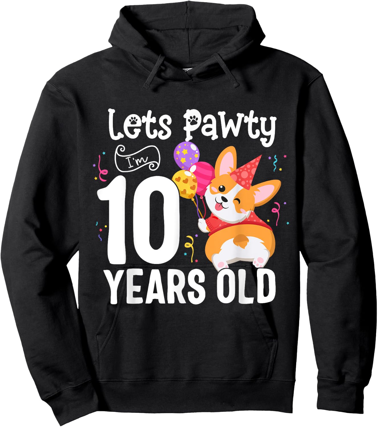 Lets Pawty I'm 10 Year Old Corgi Dog Lover 10th Birthday Kid Hoodie - Hoodie | Black