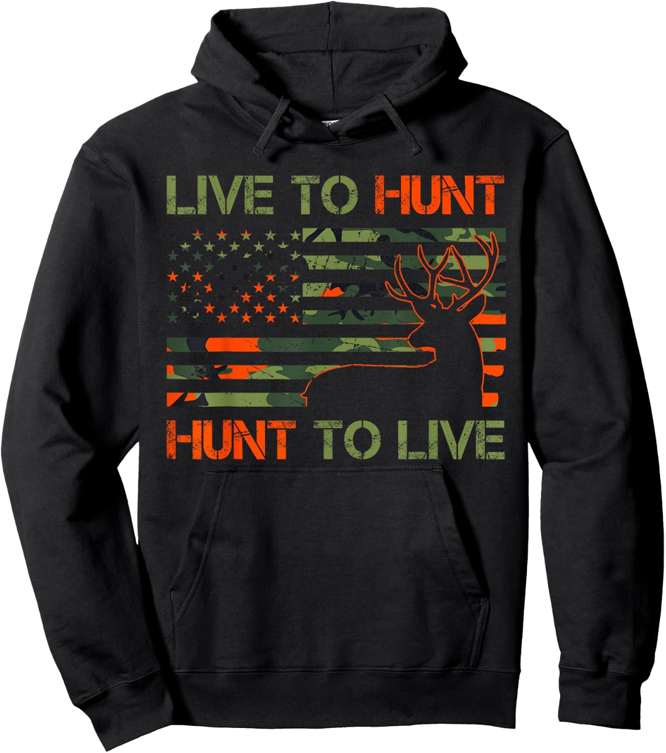 Live to Hunt Whitetail Buck Camo American Flag Deer Hunting Hoodie - Hoodie | Black