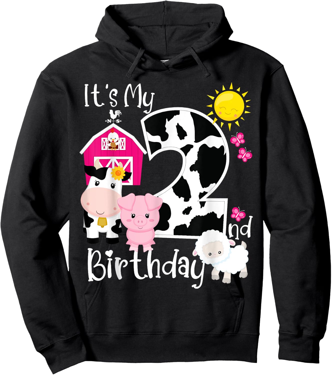 Farm Animals 2 Year Old It's My 2nd Birthday Party Bday Girl Hoodie - Hoodie | Black