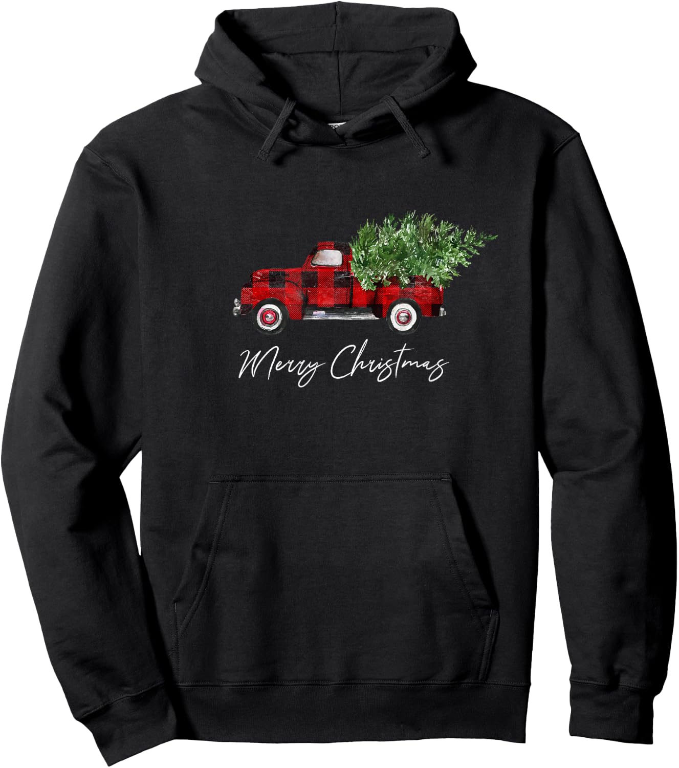 Merry Christmas Tree on Buffalo Plaid Truck Hoodie - Hoodie | Black