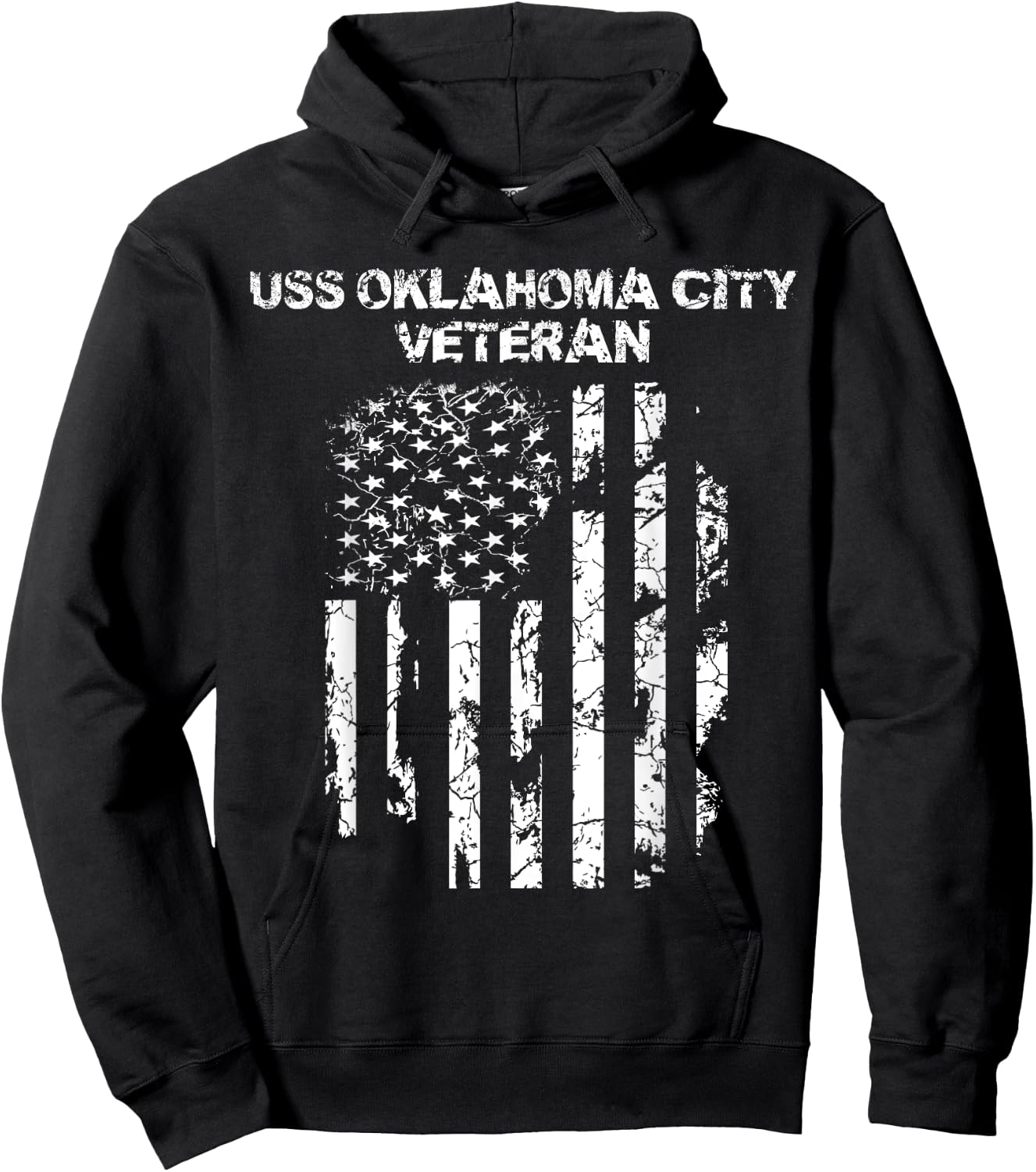 USS Oklahoma City Military Veteran Distressed USA Flag Hoodie - Hoodie | Black