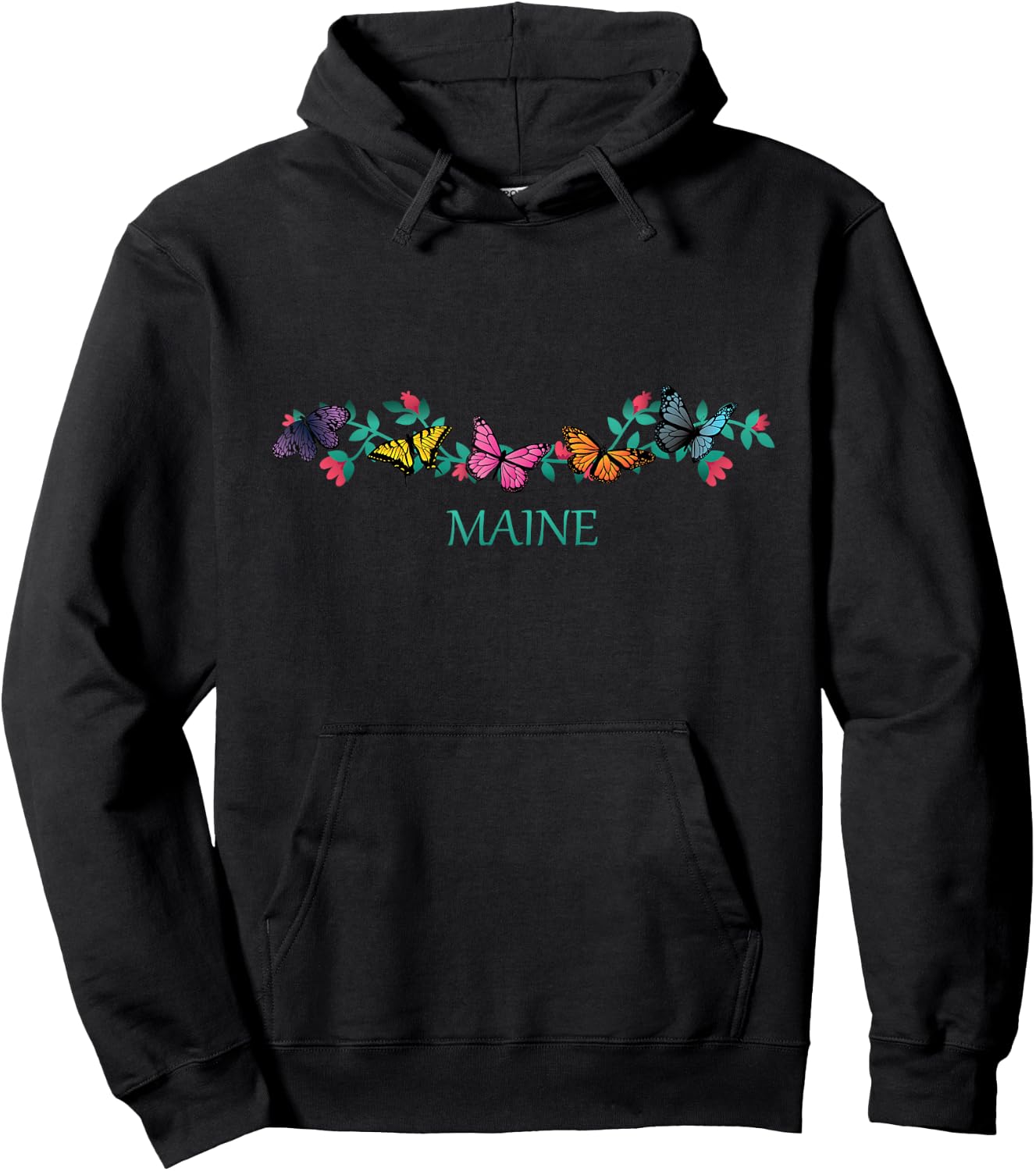 Maine State Souvenir Butterfly Flower Graphic Hoodie - Hoodie | Black