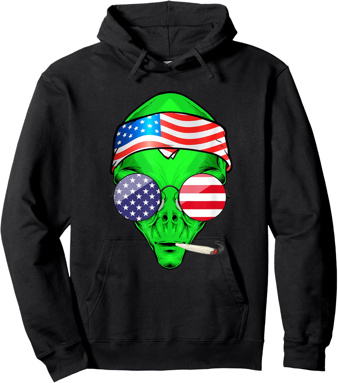 Hippie Alien American Flag 4th of July Funny Marijuana Weed Hoodie - Hoodie | Black