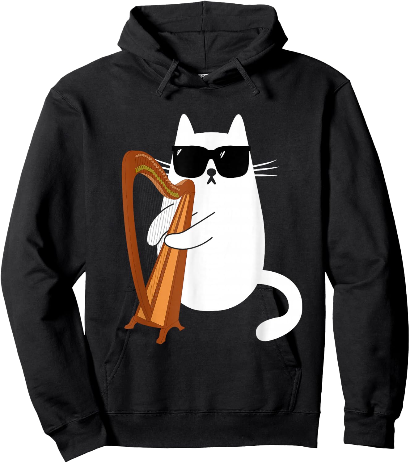 Funny Cat Wearing Sunglasses Playing Harp Harpist Musician Hoodie - Hoodie | Black