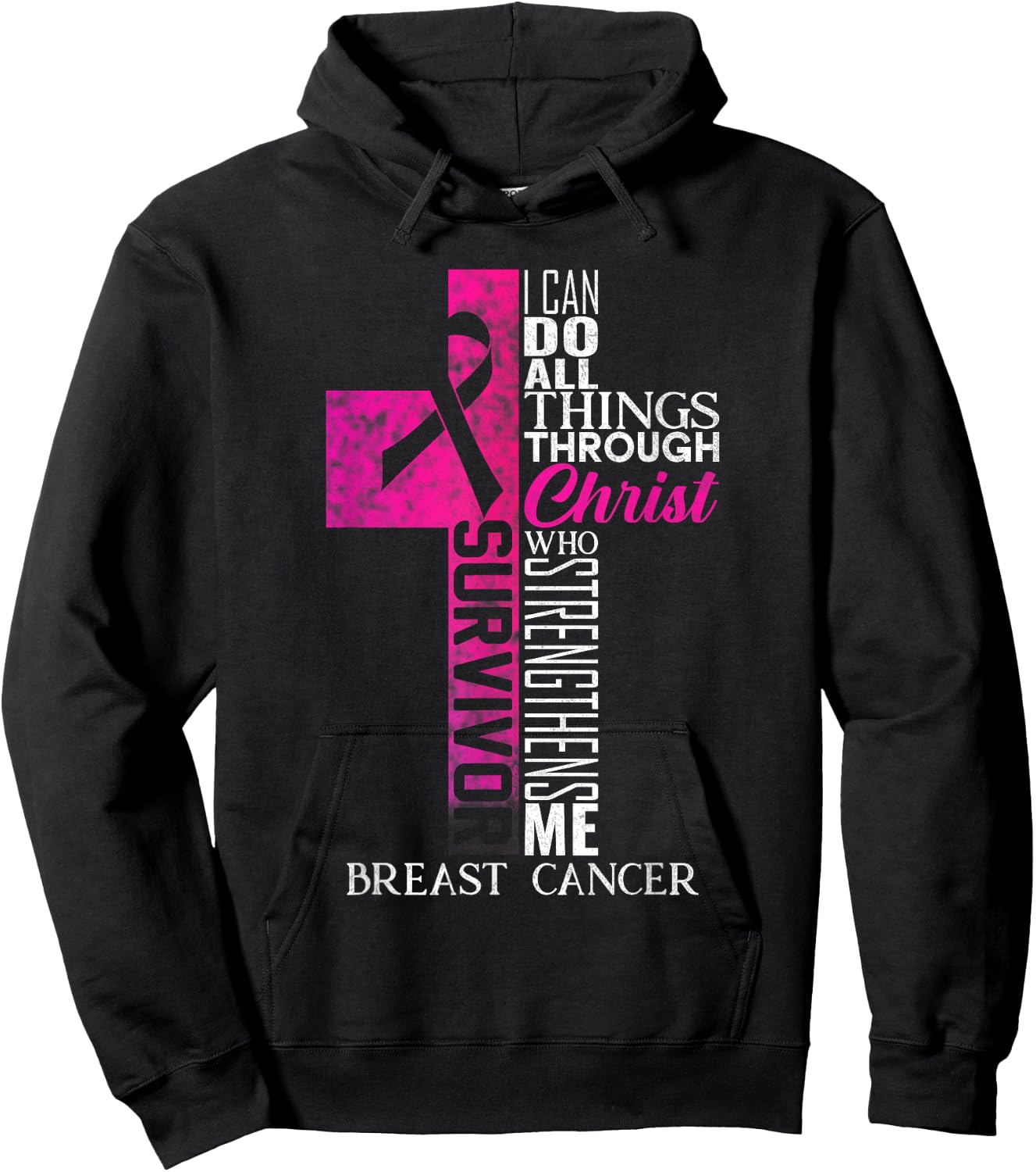 Pink Ribbon Breast Cancer Survivor Christian Cross Hoodie - Hoodie | Black