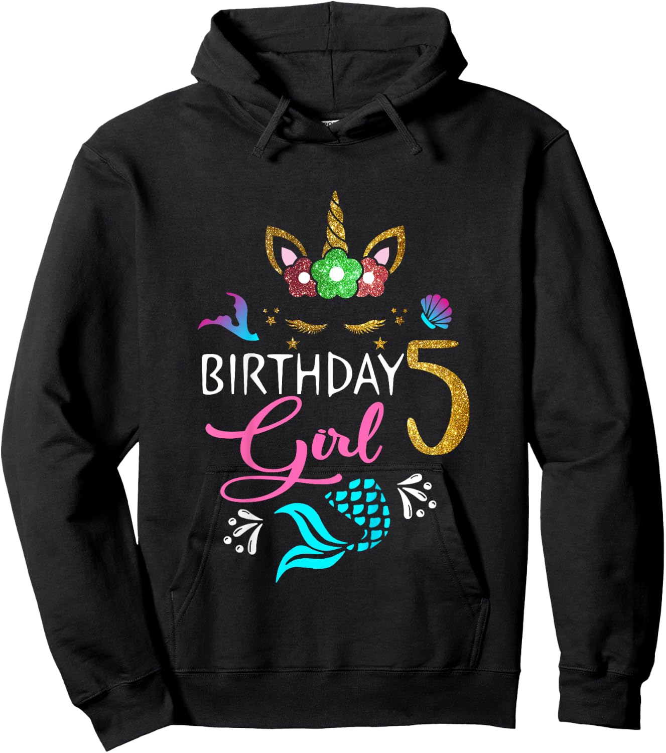 5 Years Old Unicorn Shirt Mermaid Tail 5th Birthday Girl Hoodie - Hoodie | Black