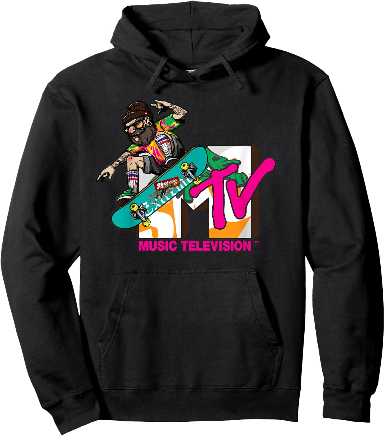 Mademark x MTV - The official MTV Logo with a hipster skater on his board Hoodie - Hoodie | Black