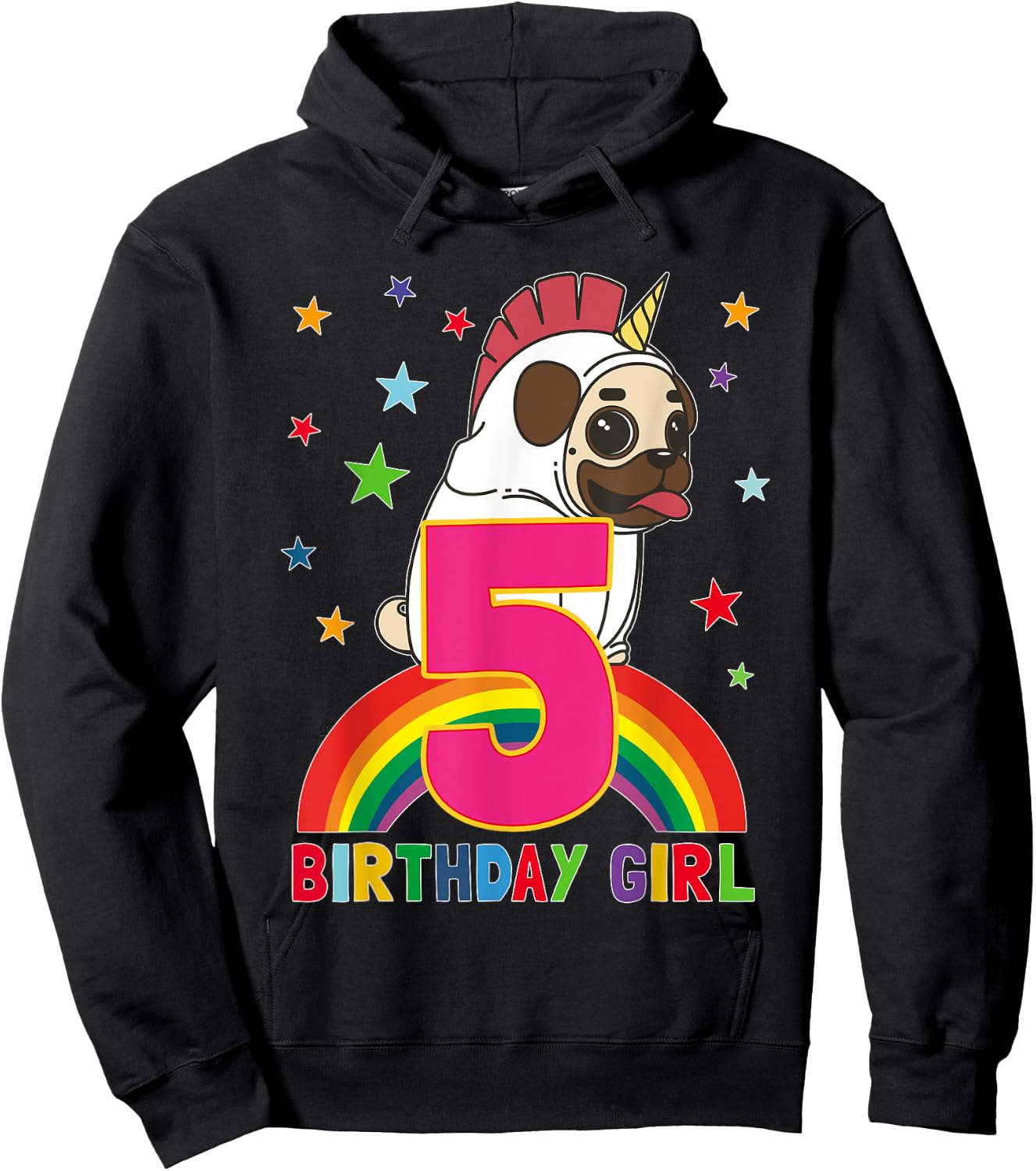 Pug Birthday Shirt 5 Year Old Girls Unicorn Pugicorn Party Hoodie - Hoodie | Black