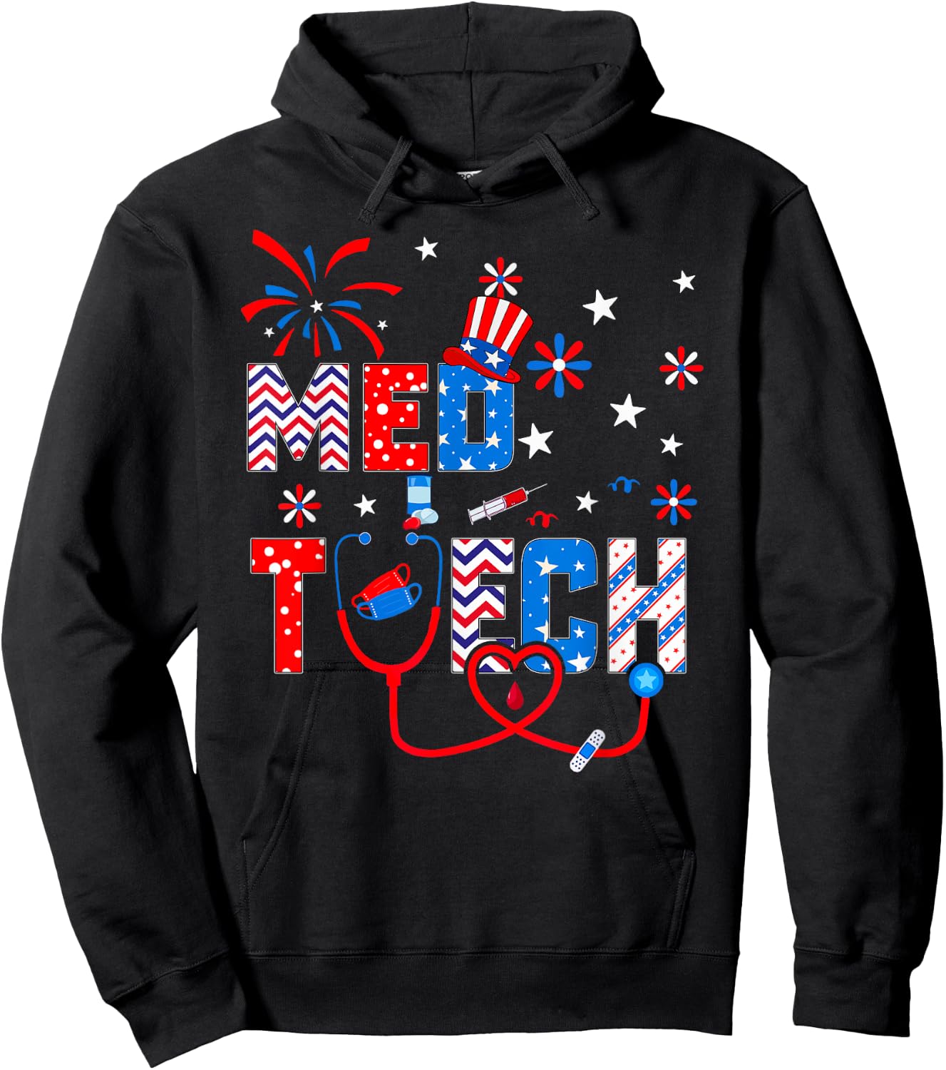 4th Of July Shirt Stethoscope Patriotic Med Tech Hoodie - Hoodie | Black