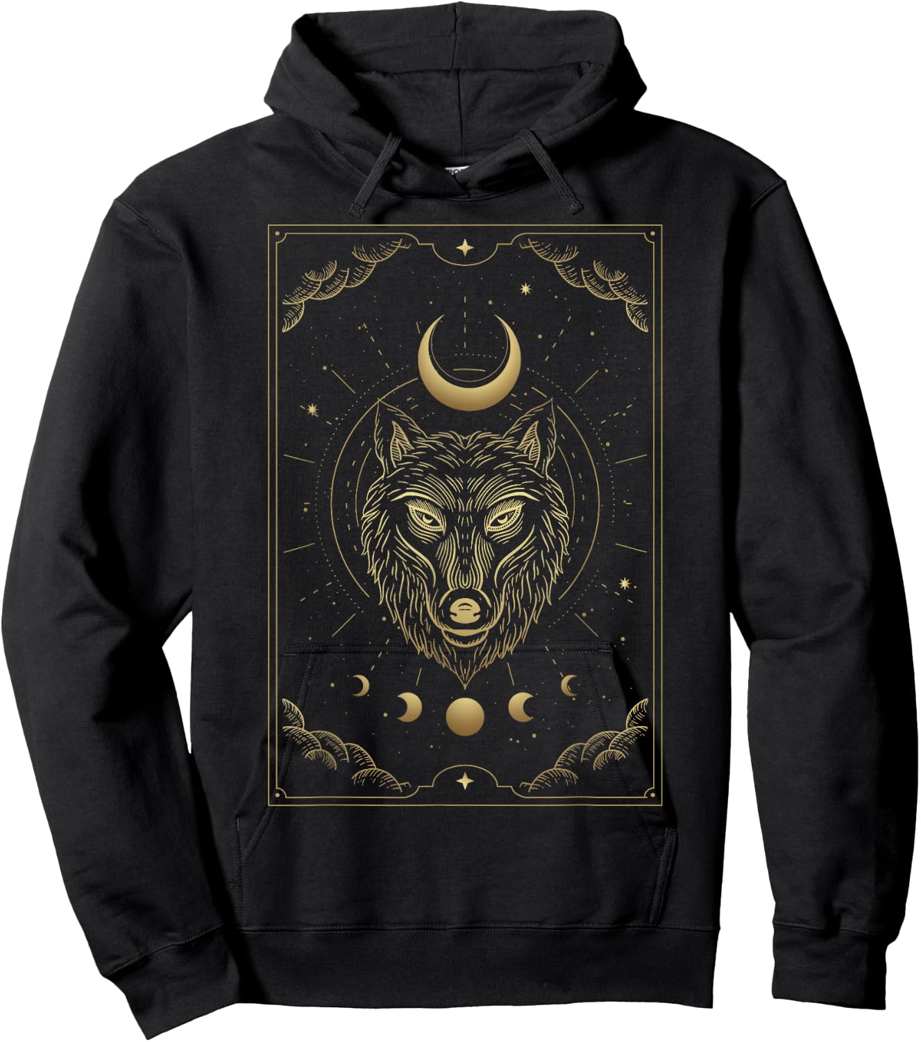 Wolf Head Crescent Moon Luxurious Celestial Engraving Style Hoodie - Hoodie | Black