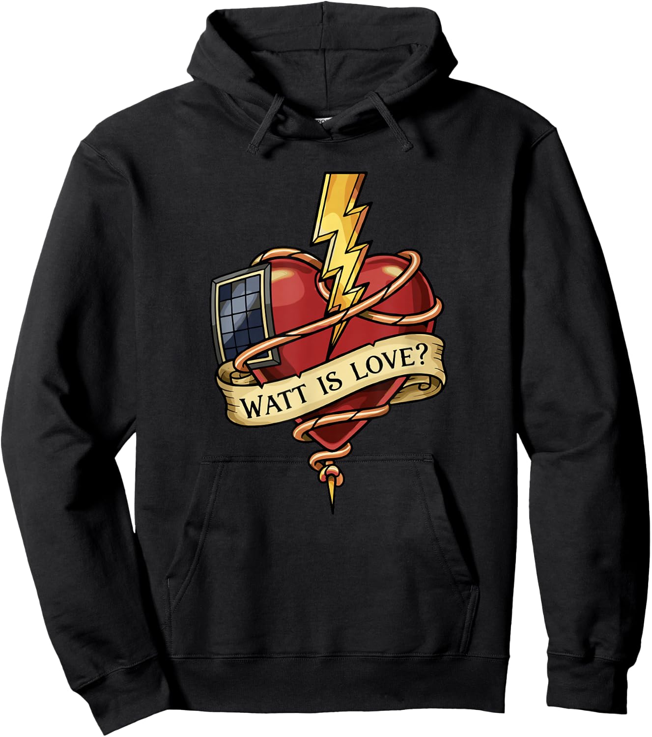 Watt is Love Tattoo Heart Solar Panel Electric Pun Hoodie - Hoodie | Black