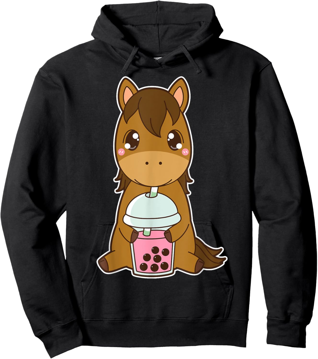 Kawaii Cute Zodiac Boba Horse Strawberry Bubble Milk Tea Hoodie - Hoodie | Black