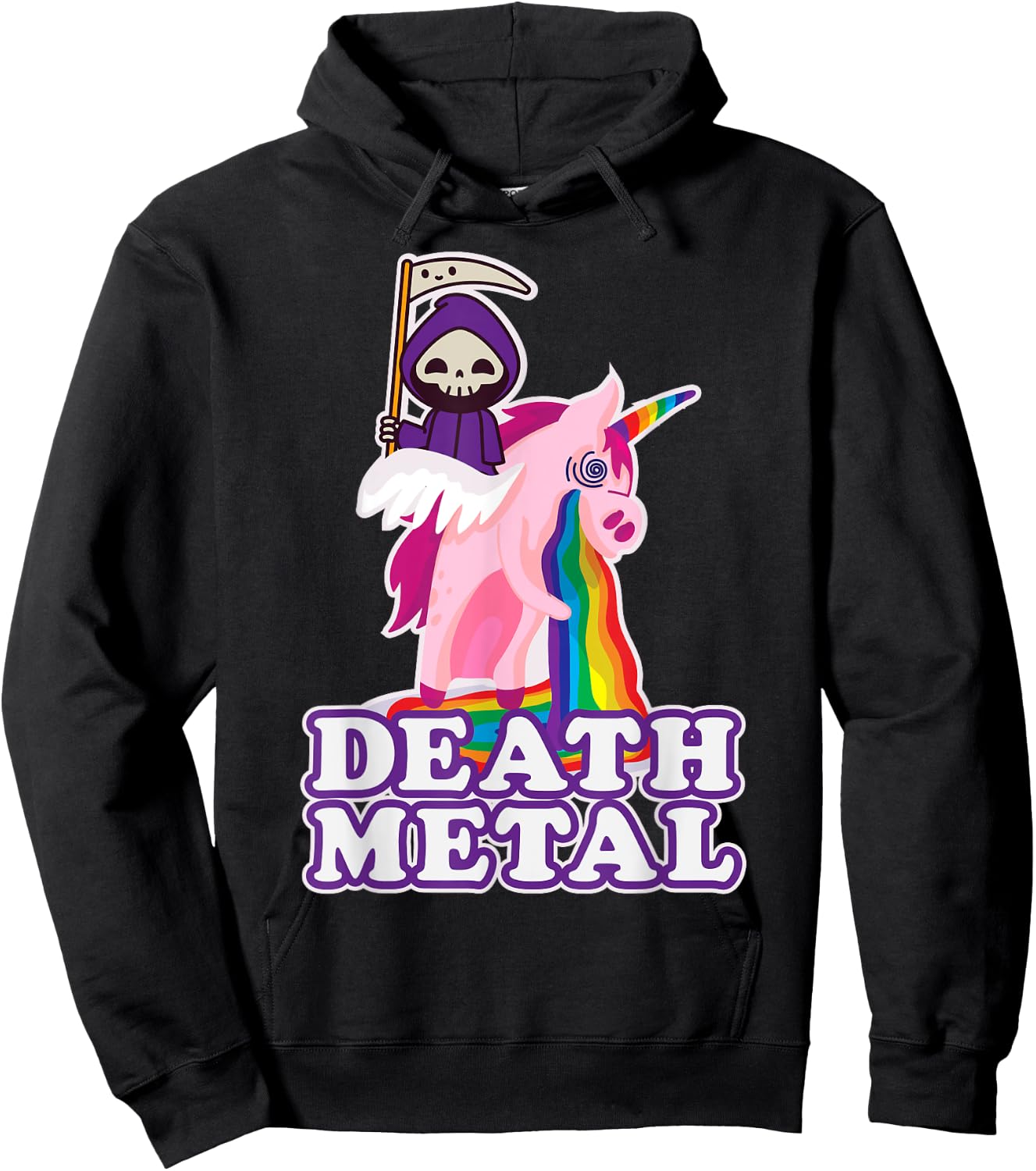 Funny Death Metal Grim Reaper Riding Unicorn Rainbow Hoodie - Hoodie | Black
