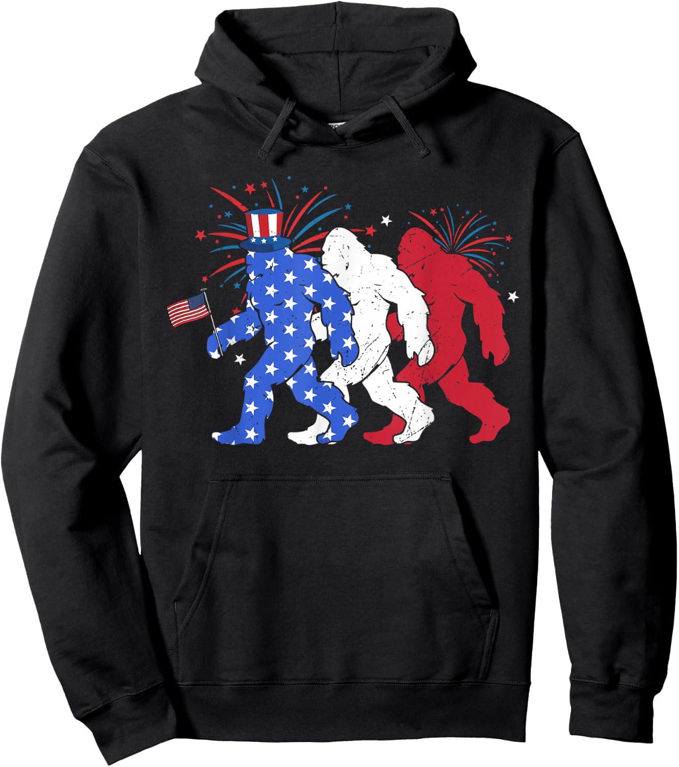 Bigfoot Sasquatch American Flag Patriotic Fourth of July Men Hoodie - Hoodie | Black