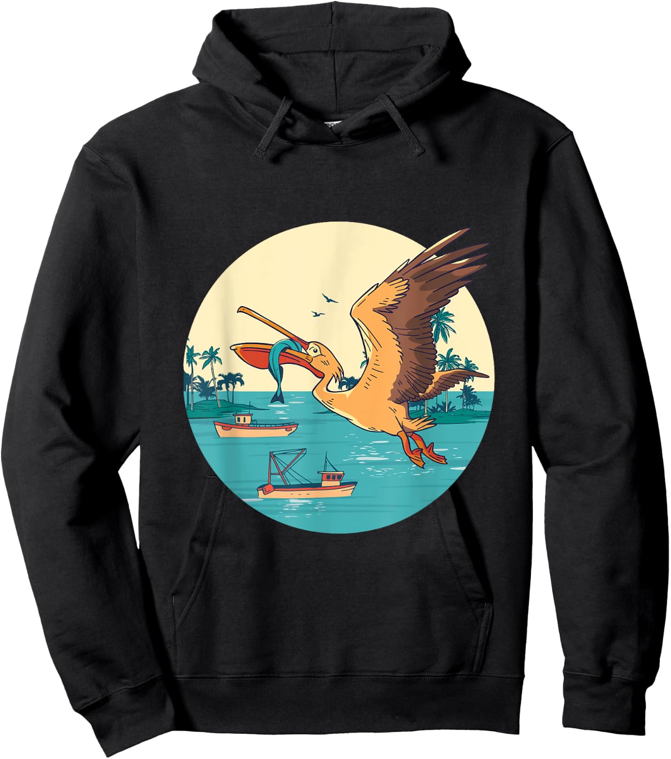 Pelican Bird Island Boat Fish Catch Tropical Bird Animal Hoodie - Hoodie | Black
