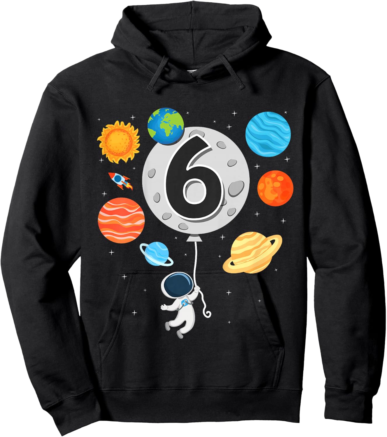 Kids 6th Birthday Astronaut Balloon Planet 6 Year Old Boy Hoodie - Hoodie | Black