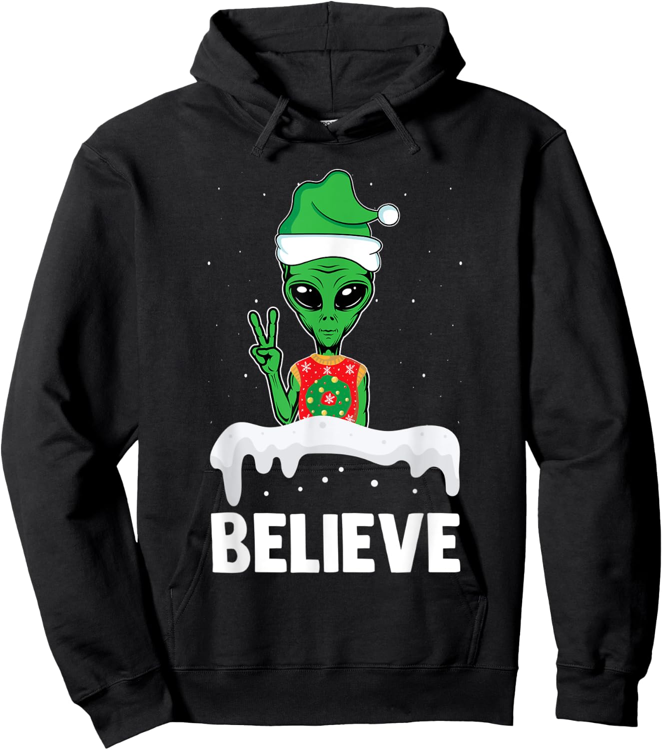 Christmas Alien Believe Elf Hat Holiday UFO Ugly Xmas Hoodie - Hoodie | Black