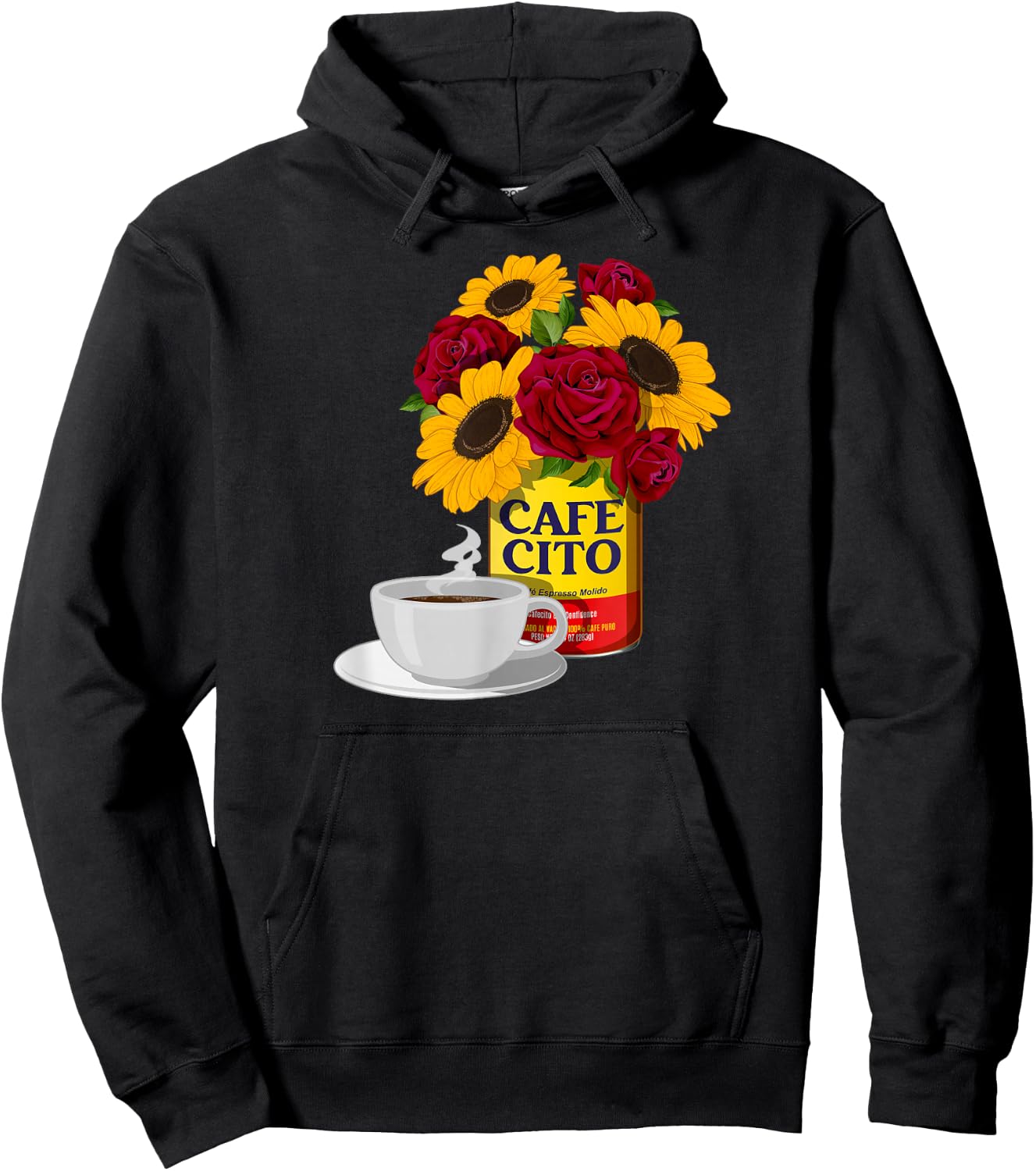 Cafecito and Confidence Cafe con Flores - -Adults, Black, Small, Short Sleeve, Classic Fit, Cotton Blend, Floral, Vacation, Classic, Unique Design Hoodie - Hoodie | Black