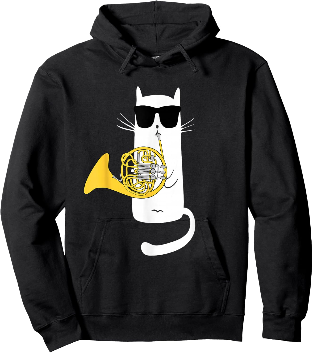 Funny Cat Wearing Sunglasses Playing French Horn Hoodie - Hoodie | Black