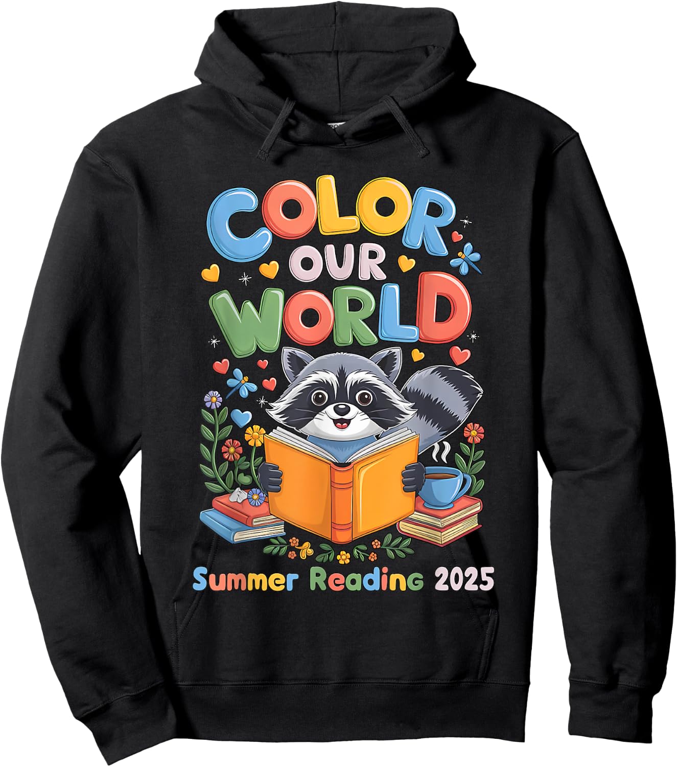 Color Our World Summer Reading Program 2025 Funny Raccoon Hoodie - Hoodie | Black