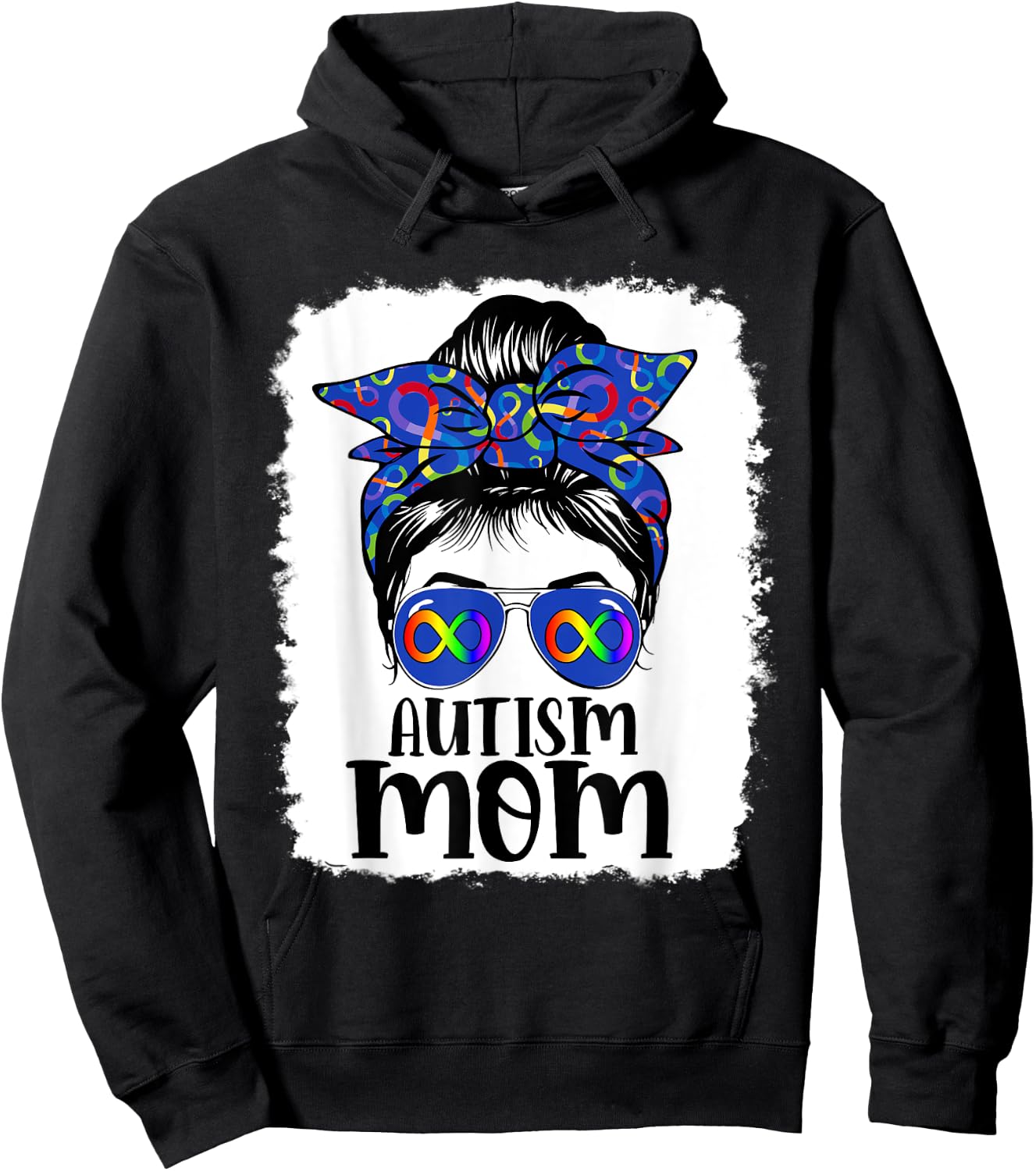 Mom Autism Awareness Messy Bun Infinity Rainbow Bleached Hoodie - Hoodie | Black