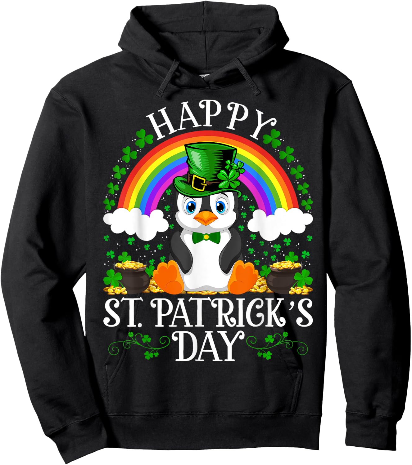 Penguin Bird Lover Rainbow Vintage Penguin St. Patrick's Day Hoodie - Hoodie | Black