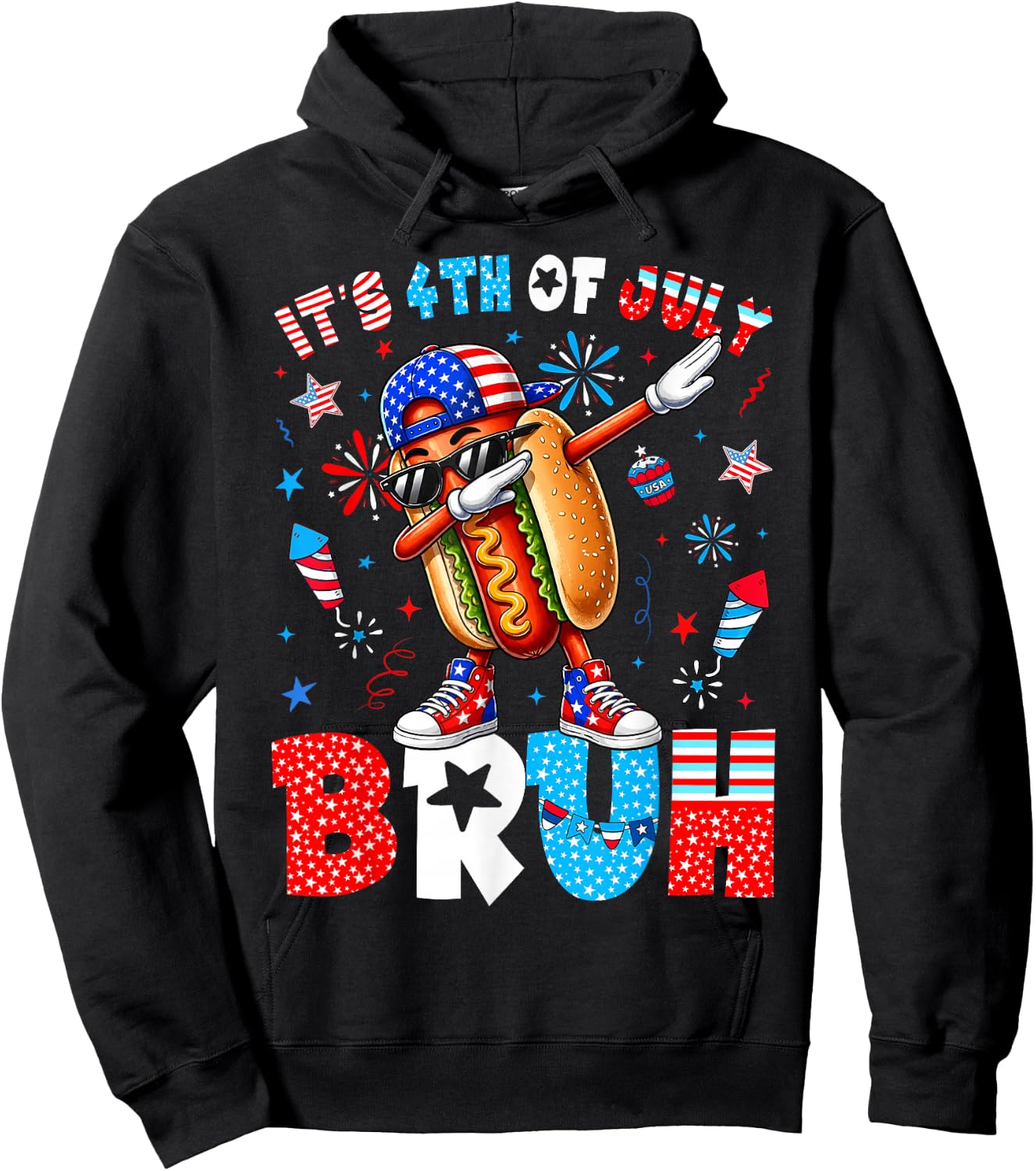 4th of July Its Fourth of July Bruh Dabbing Hotdog Boy Girl Hoodie - Hoodie | Black