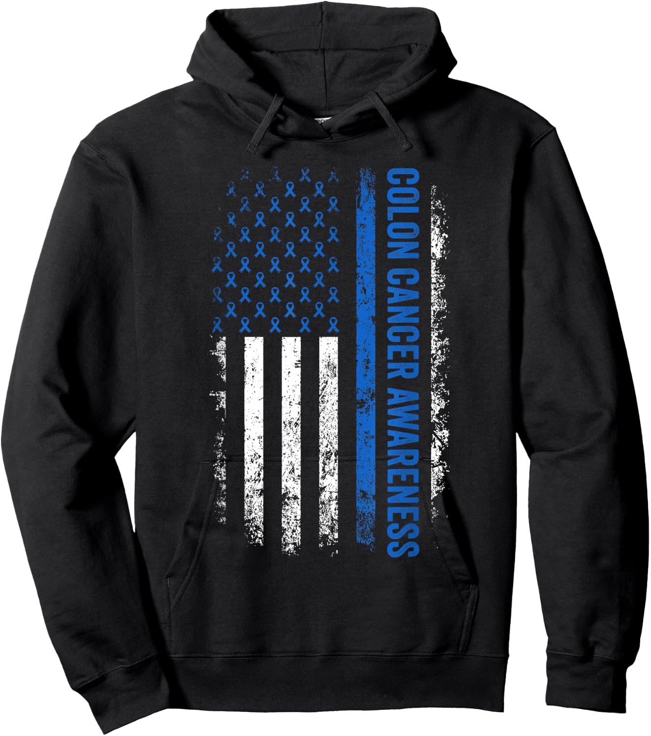 Colon Cancer Awareness Blue Ribbon US American Flag Hoodie - Hoodie | Black