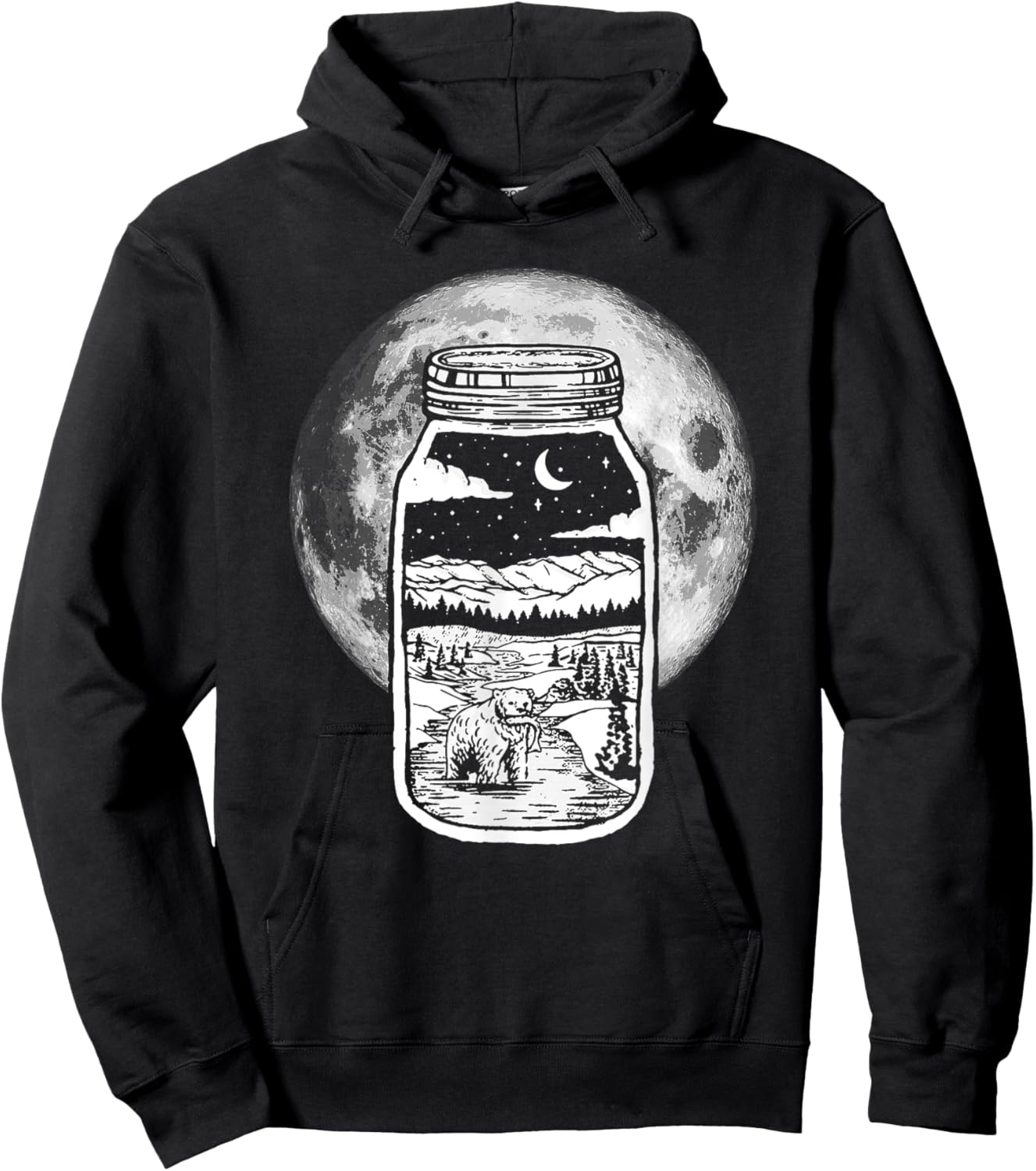 Moonshine Lover Jar Design - Bear, Moon & Mountains Hoodie - Hoodie | Black