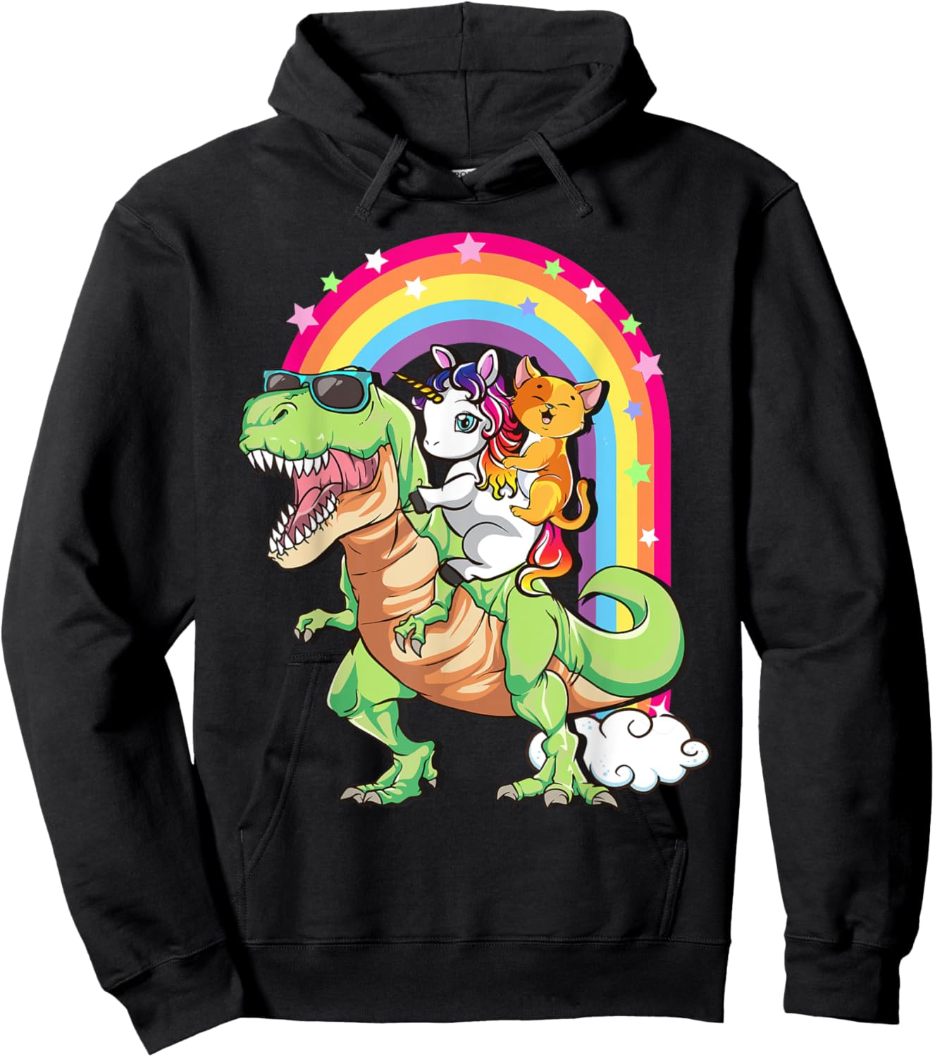 Cute Cat Unicorn Riding T Rex Dinosaur Kids Teens Toddlers Hoodie - Hoodie | Black