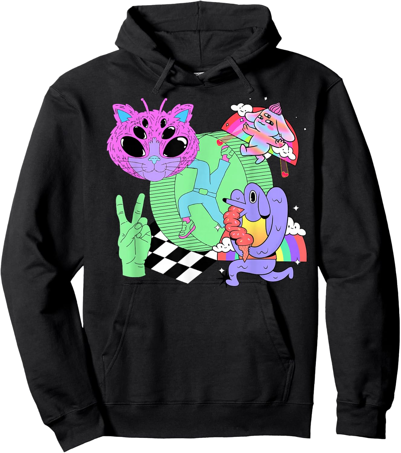 Weirdcore Aesthetic Bright Colorful Checker Print Trippy Hoodie - Hoodie | Black