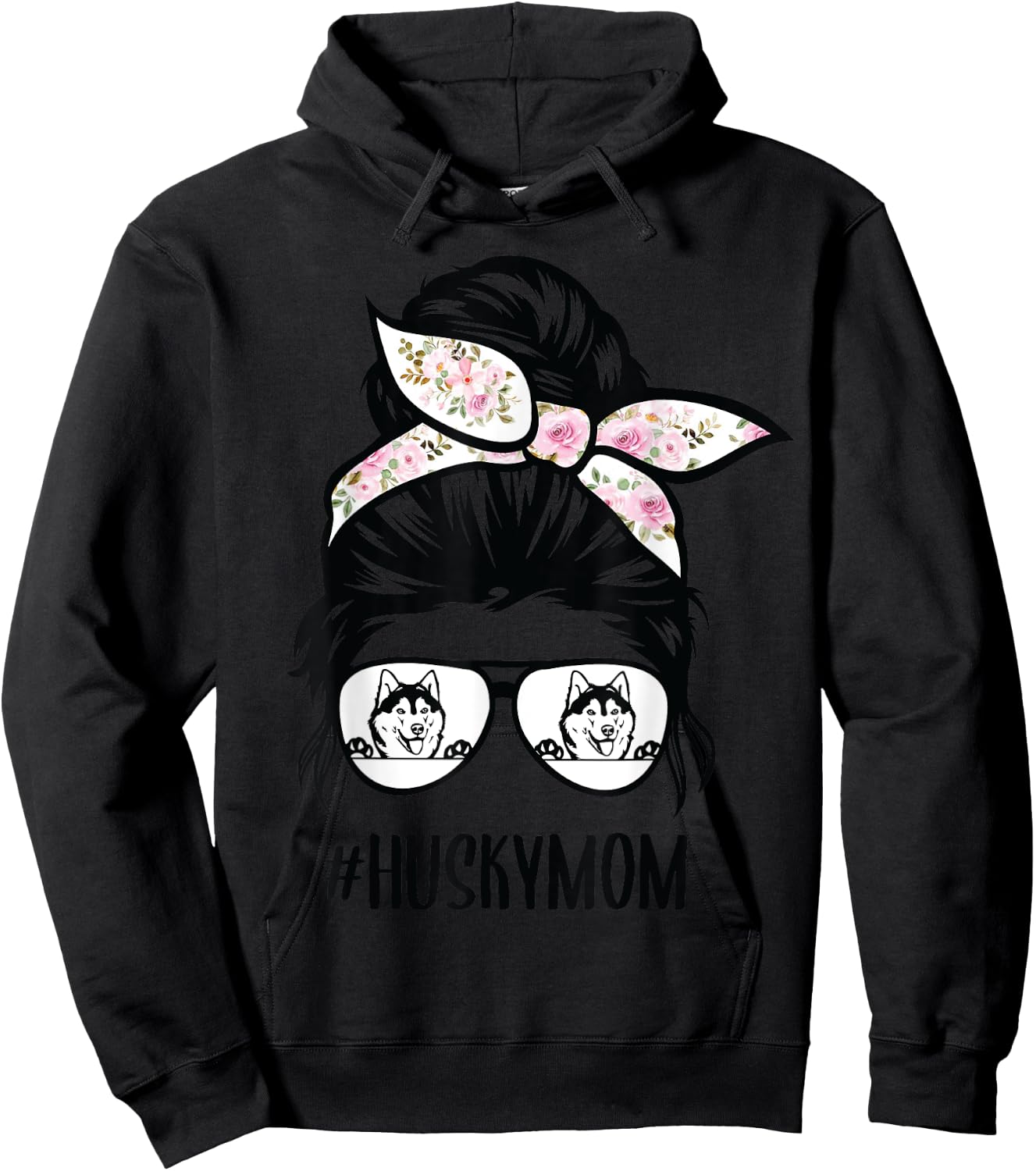 Husky Mom messy bun hair glasses, Siberian Huskies Mama Hoodie - Hoodie | Black