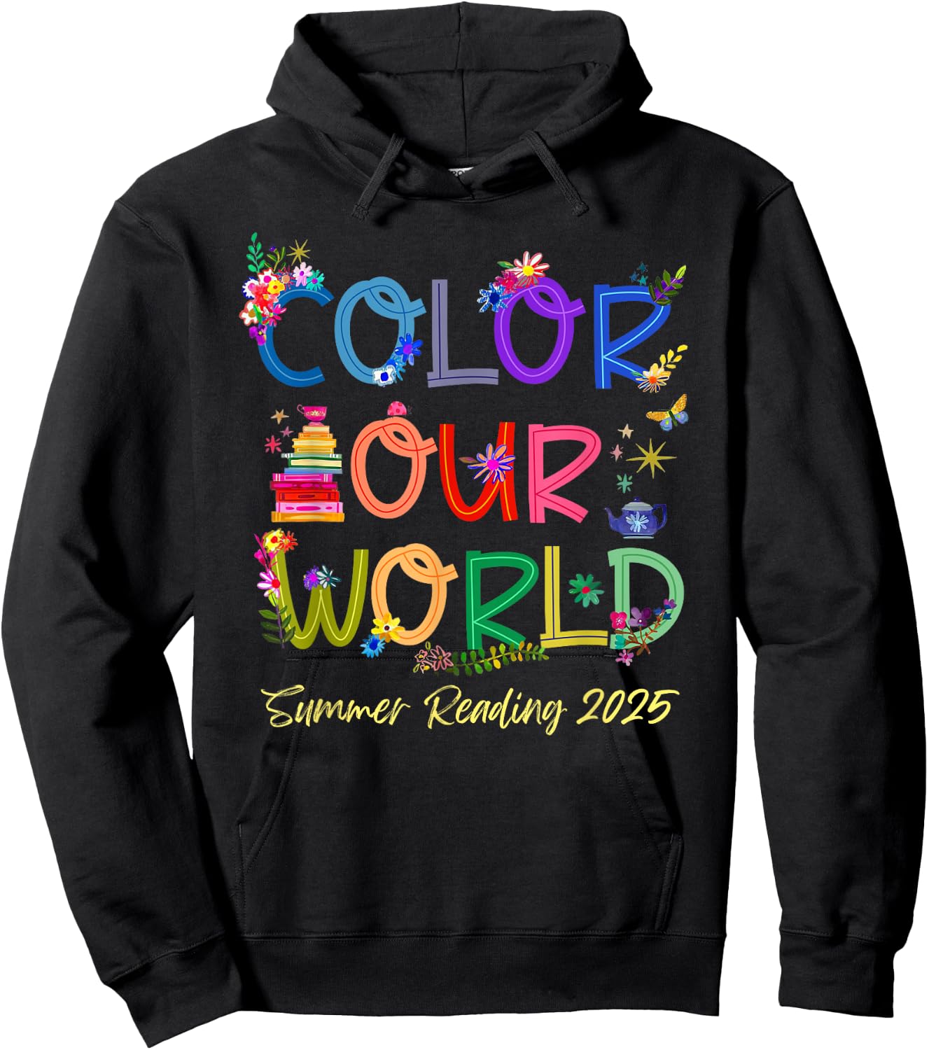 Color Our World Summer Reading 2025 Boho Wildflower Book Hoodie - Hoodie | Black