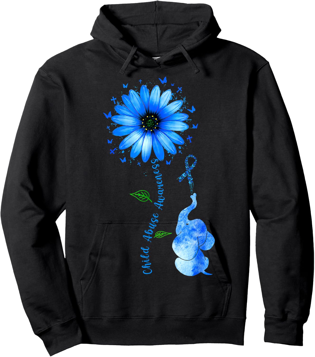 Child Abuse Awareness Sunflower Light Blue Ribbon Elephant Hoodie - Hoodie | Black