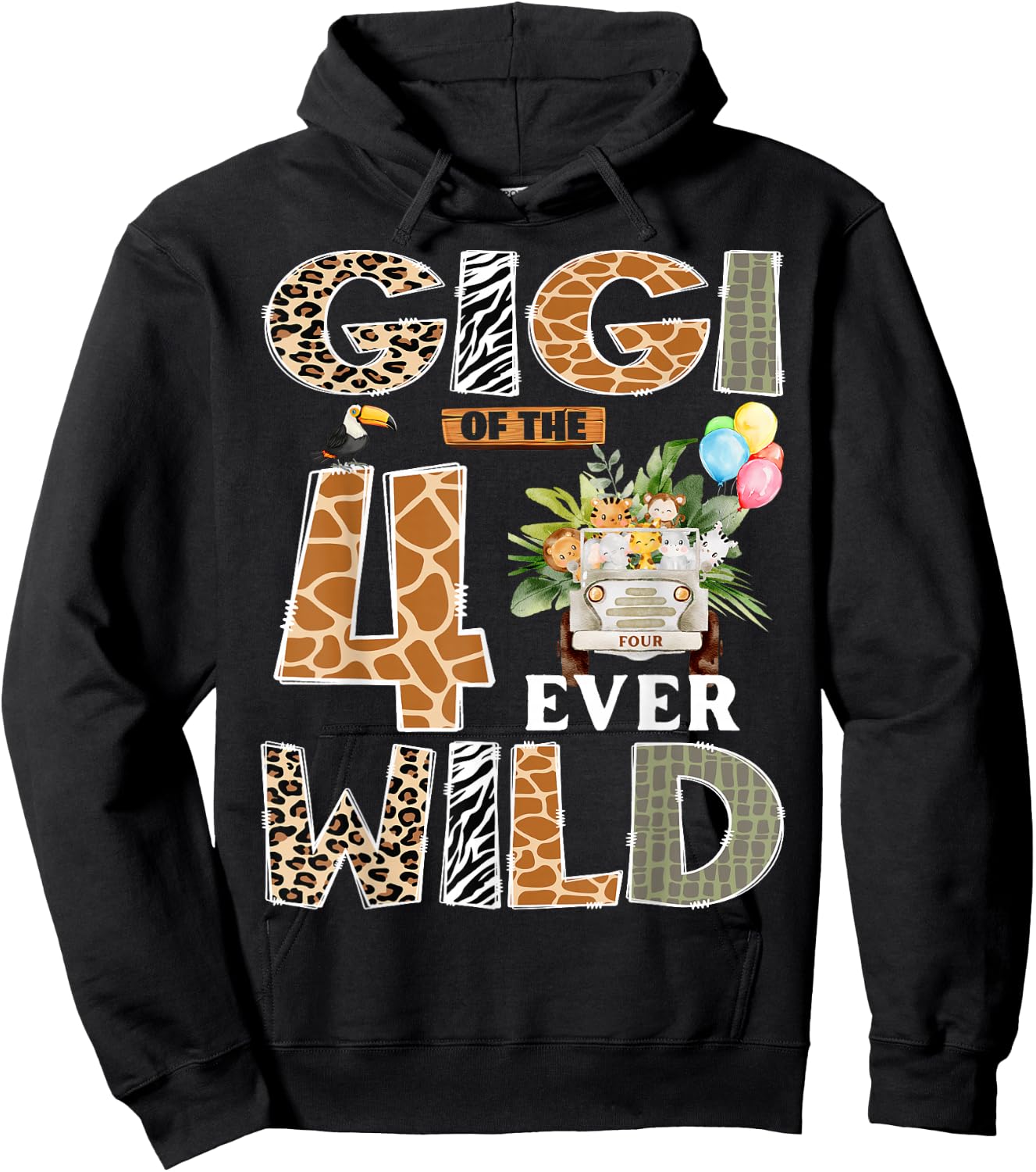 Gigi of The Four Ever Wild Safari 4th Birthday Boy Matching Hoodie - Hoodie | Black