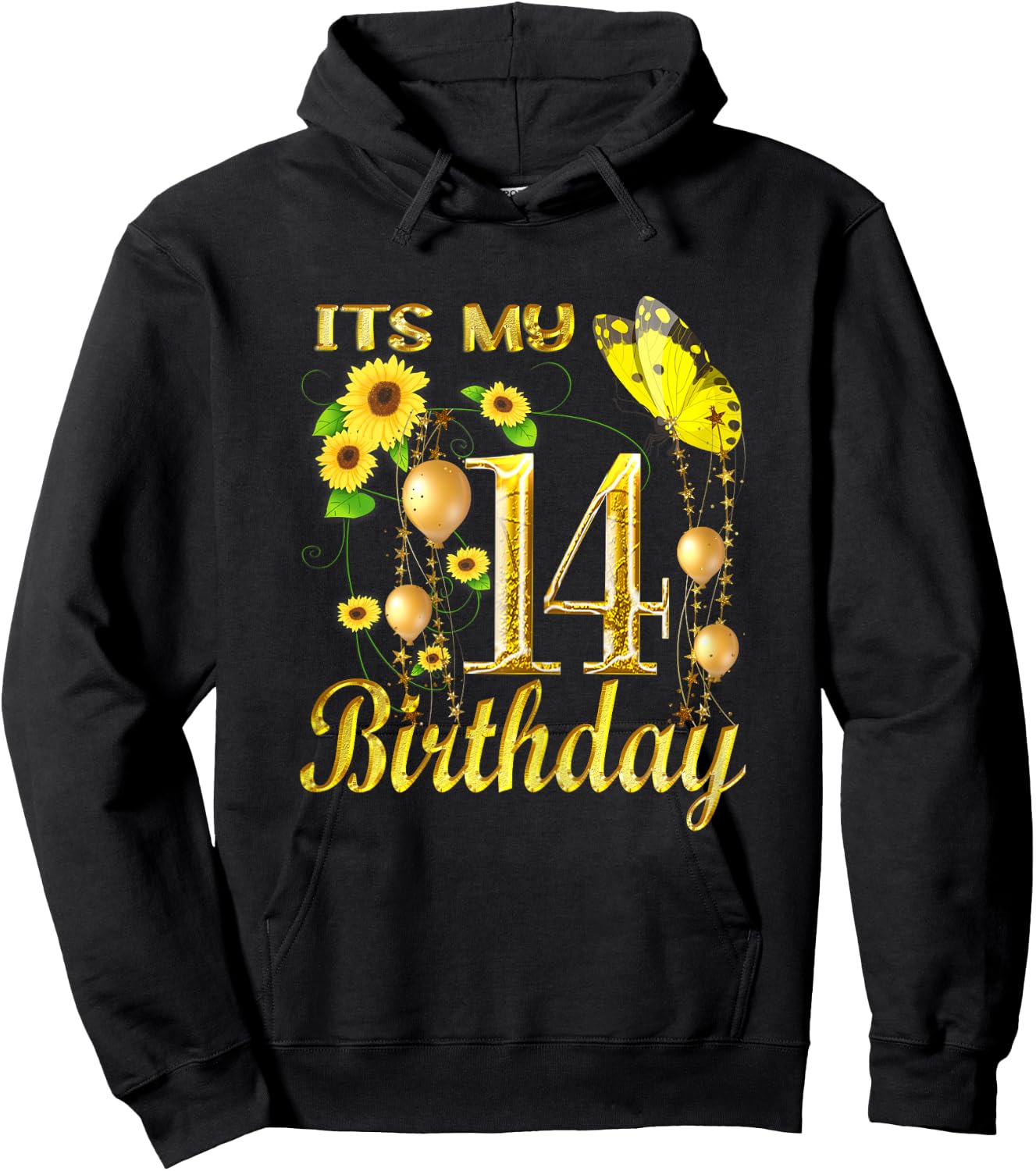 Its My 14th Birthday 14 Year Old Girl Sunflower Butterfly Hoodie - Hoodie | Black
