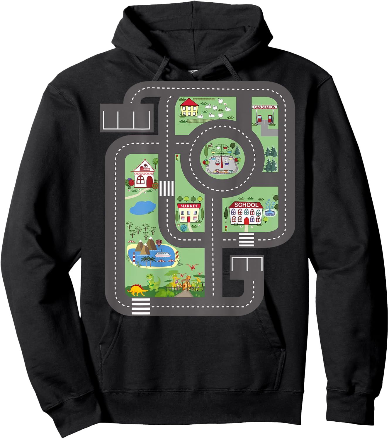 Cool Play Mat Race Car Track On Dad Shirt with Dinosaurs Hoodie - Hoodie | Black